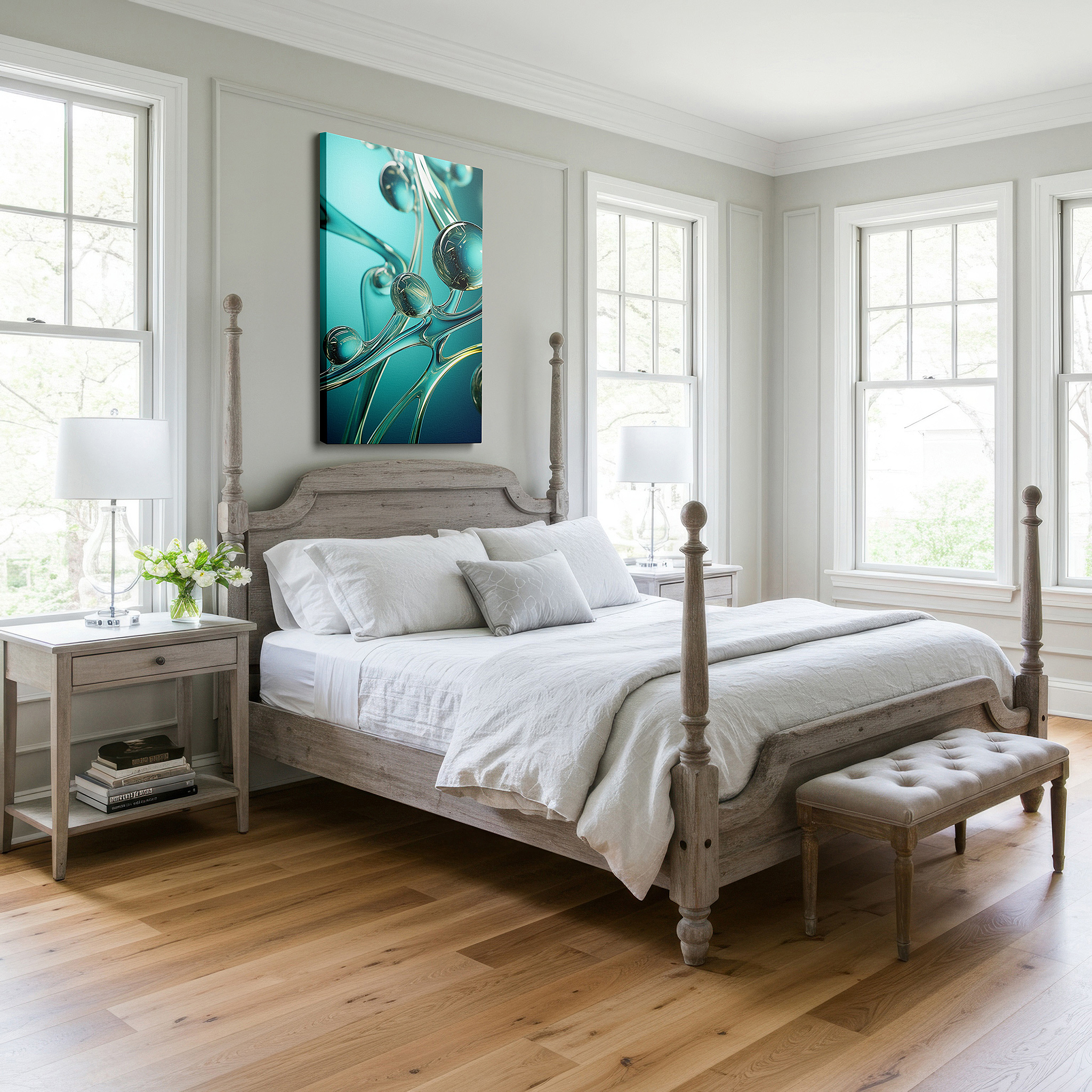 Bathed in morning sunlight streaming through sheer curtains — abstract dance of molecular bonds in luminous spheres and flowing lines: large canvas wall art for office decor