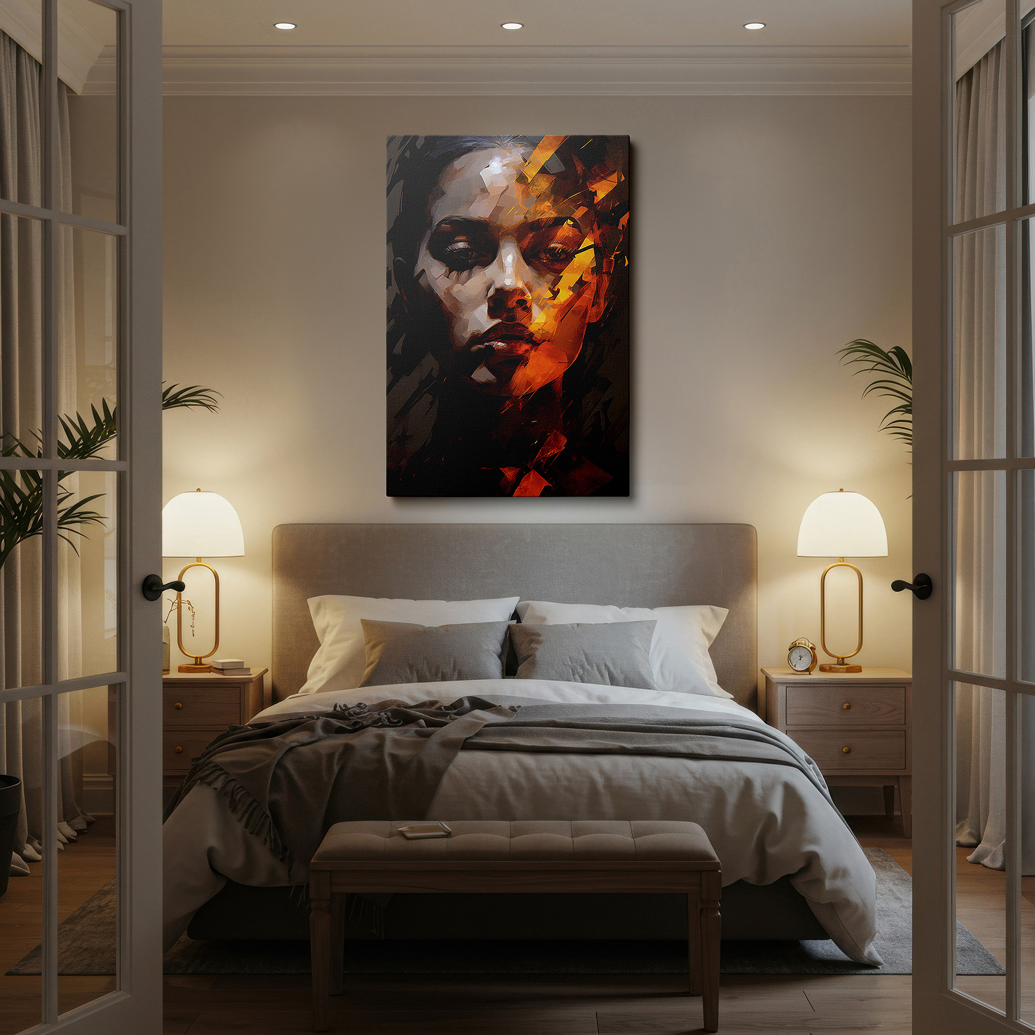 Bathed in morning sunlight streaming through sheer curtains — abstract fiery spirit - a bold display of passion and resilience, large canvas wall art for home and office decor