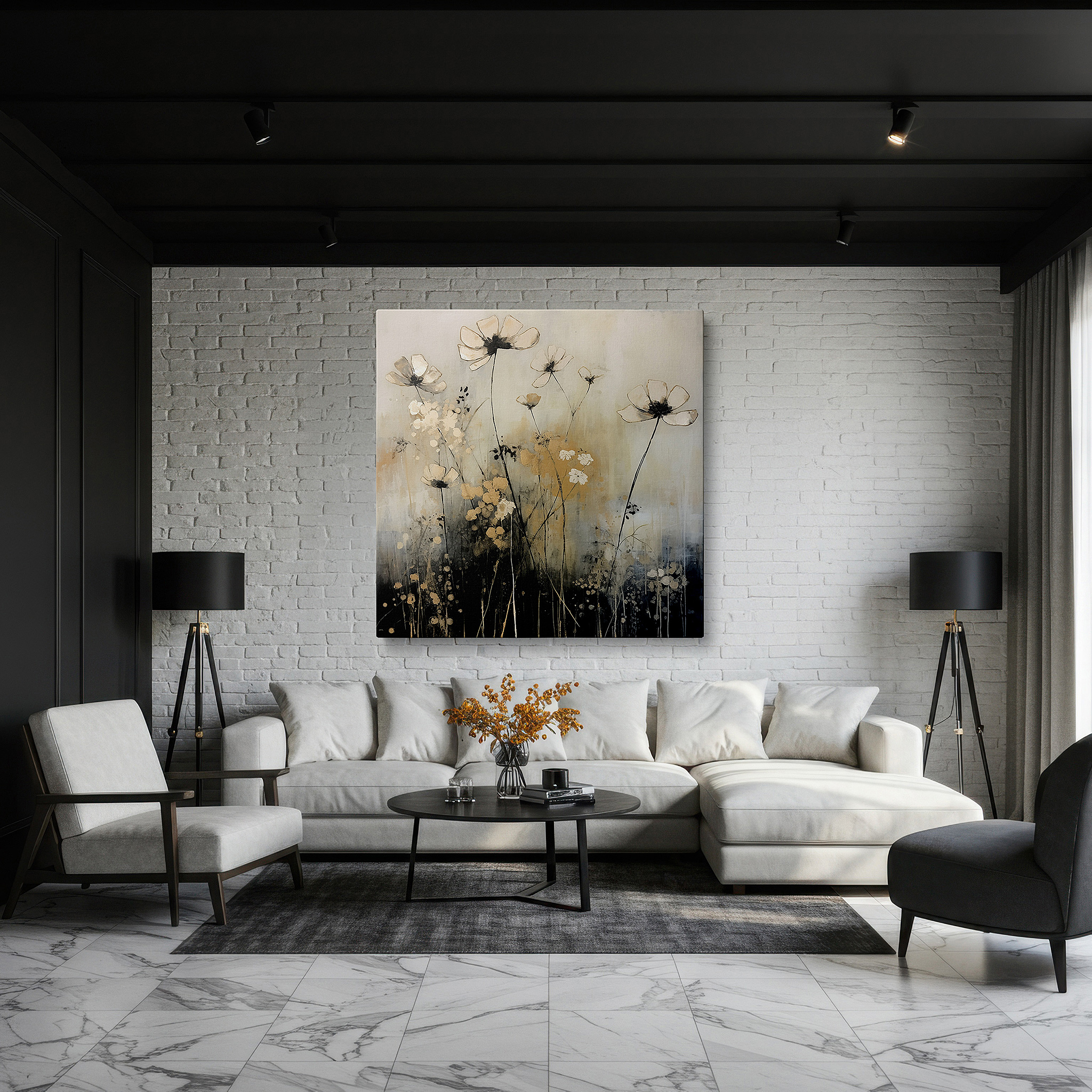 Bathed in morning sunlight streaming through sheer curtains — abstract floral harmony with ethereal blooms and golden accents, large canvas wall art for office, bedroom, and living room decor