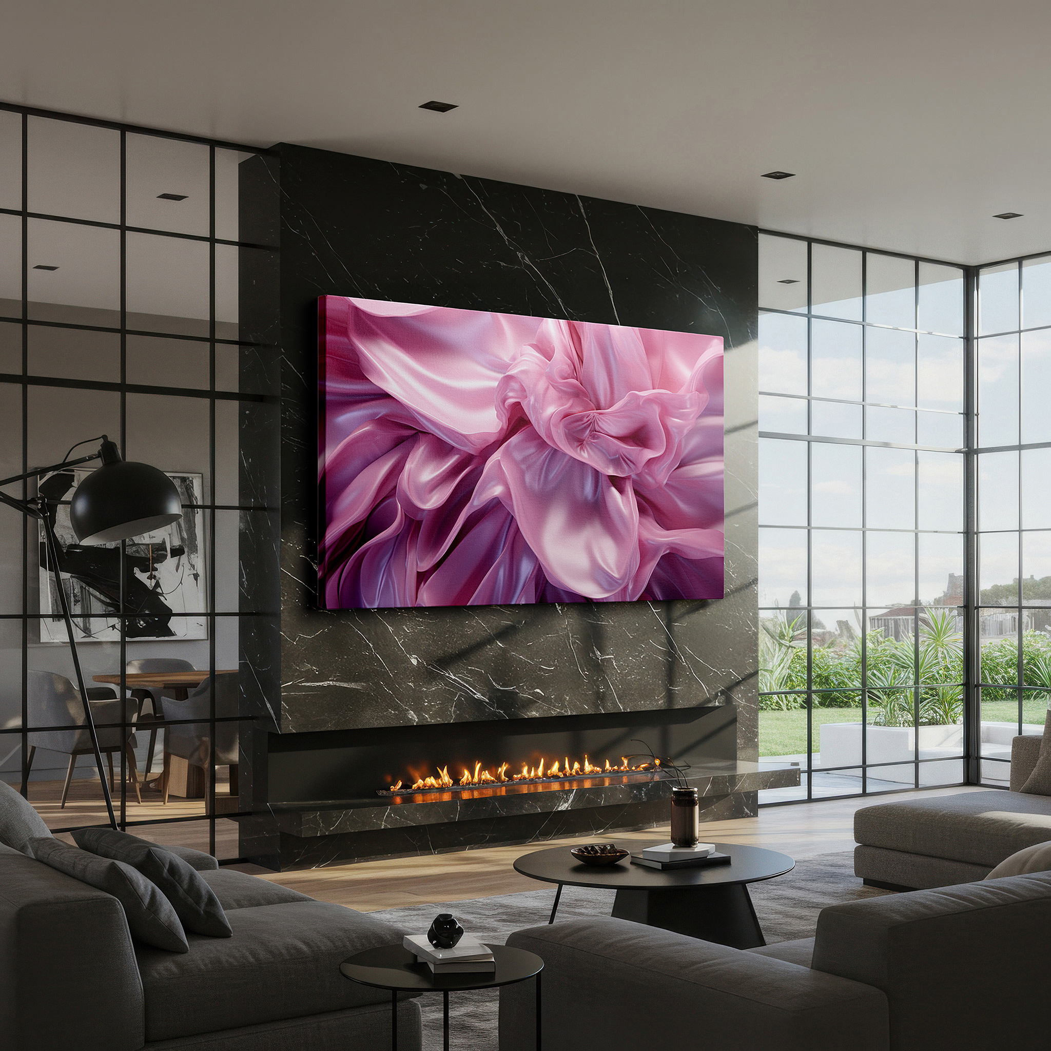 Bathed in morning sunlight streaming through sheer curtains — abstract pink fabric waves: a masterpiece of texture and movement - large canvas wall art for office and bedroom decor