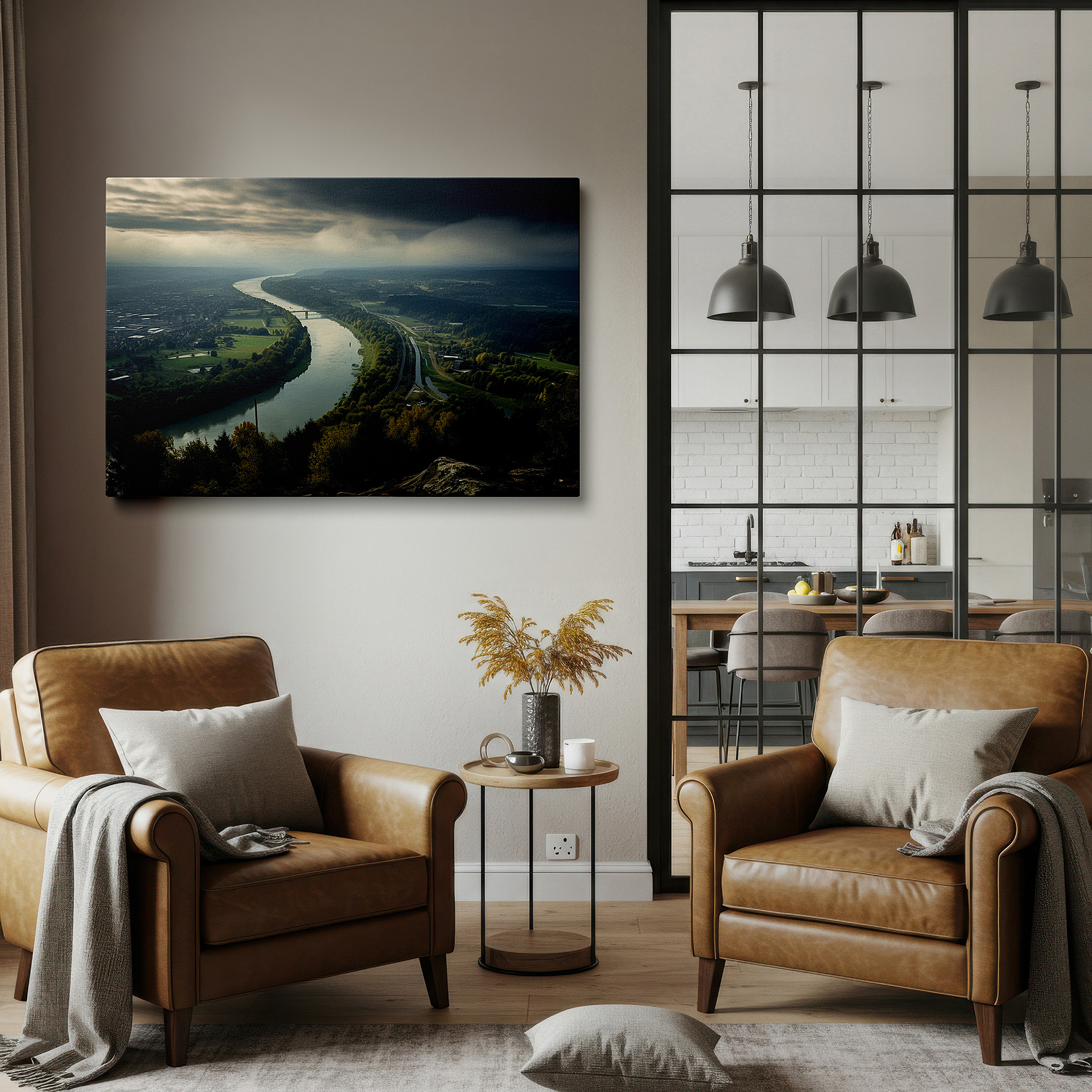 Bathed in morning sunlight streaming through sheer curtains — aerial river and lush greenery canvas wall art with dramatic sky for office, bedroom, and living room decor