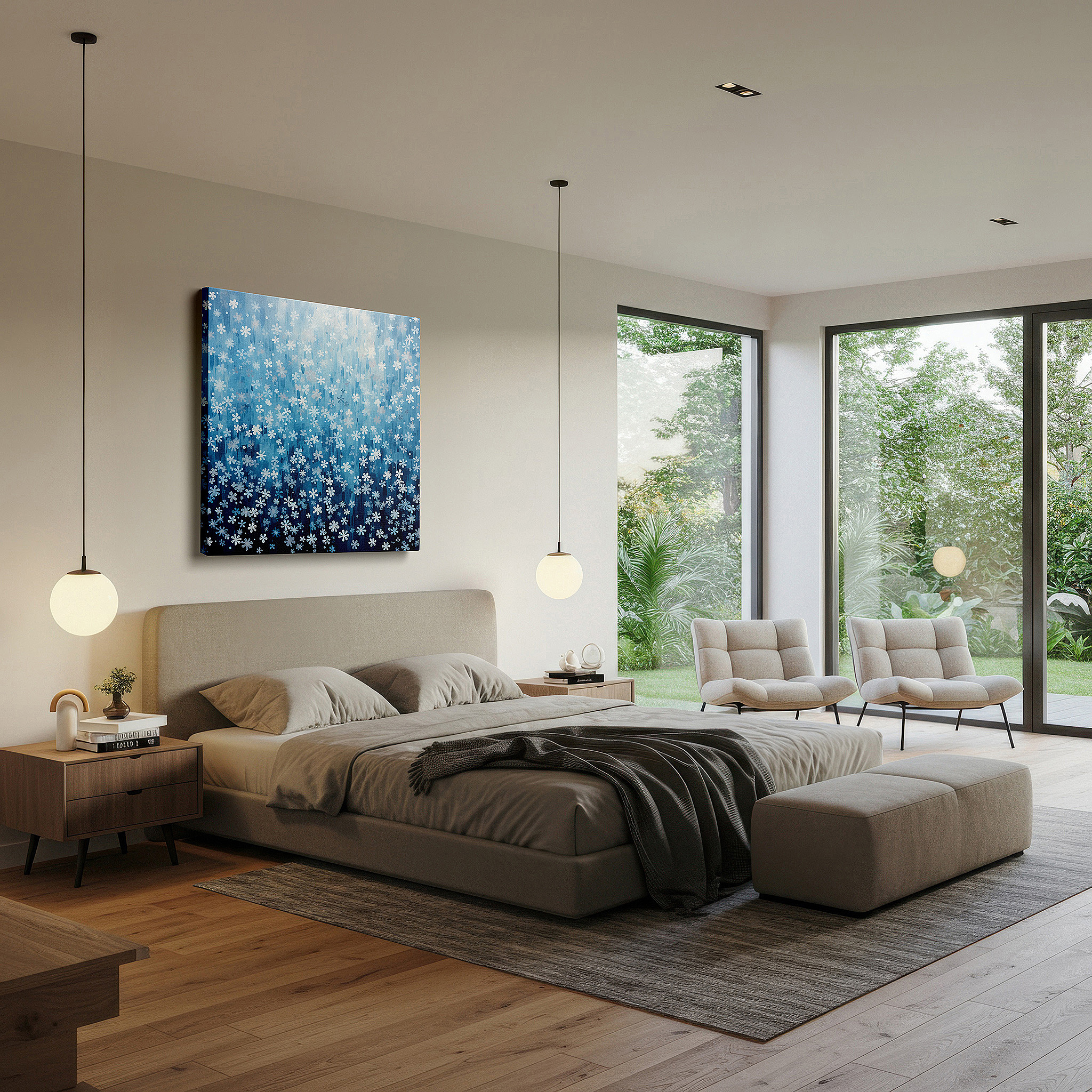Bathed in morning sunlight streaming through sheer curtains — blue ethereal flowers on textured canvas, serene nature harmony large wall art, canvas wall decor for office
