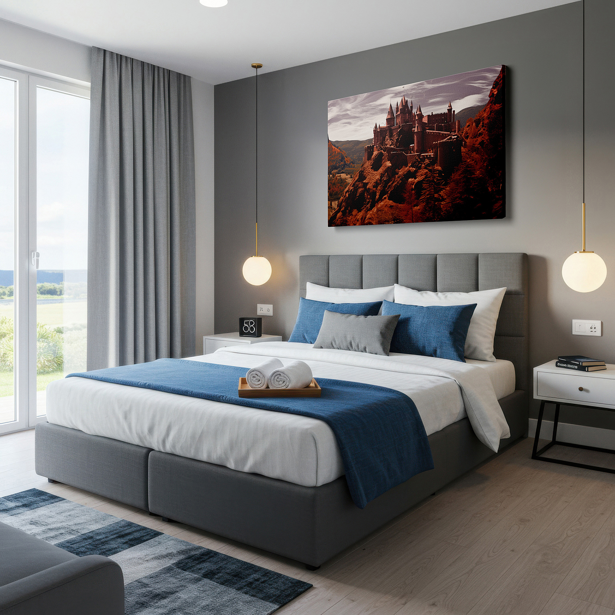 Bathed in morning sunlight streaming through sheer curtains — cliff-top fortress - celebrating ancient craftsmanship and the splendor of nature, large canvas wall art for office decor