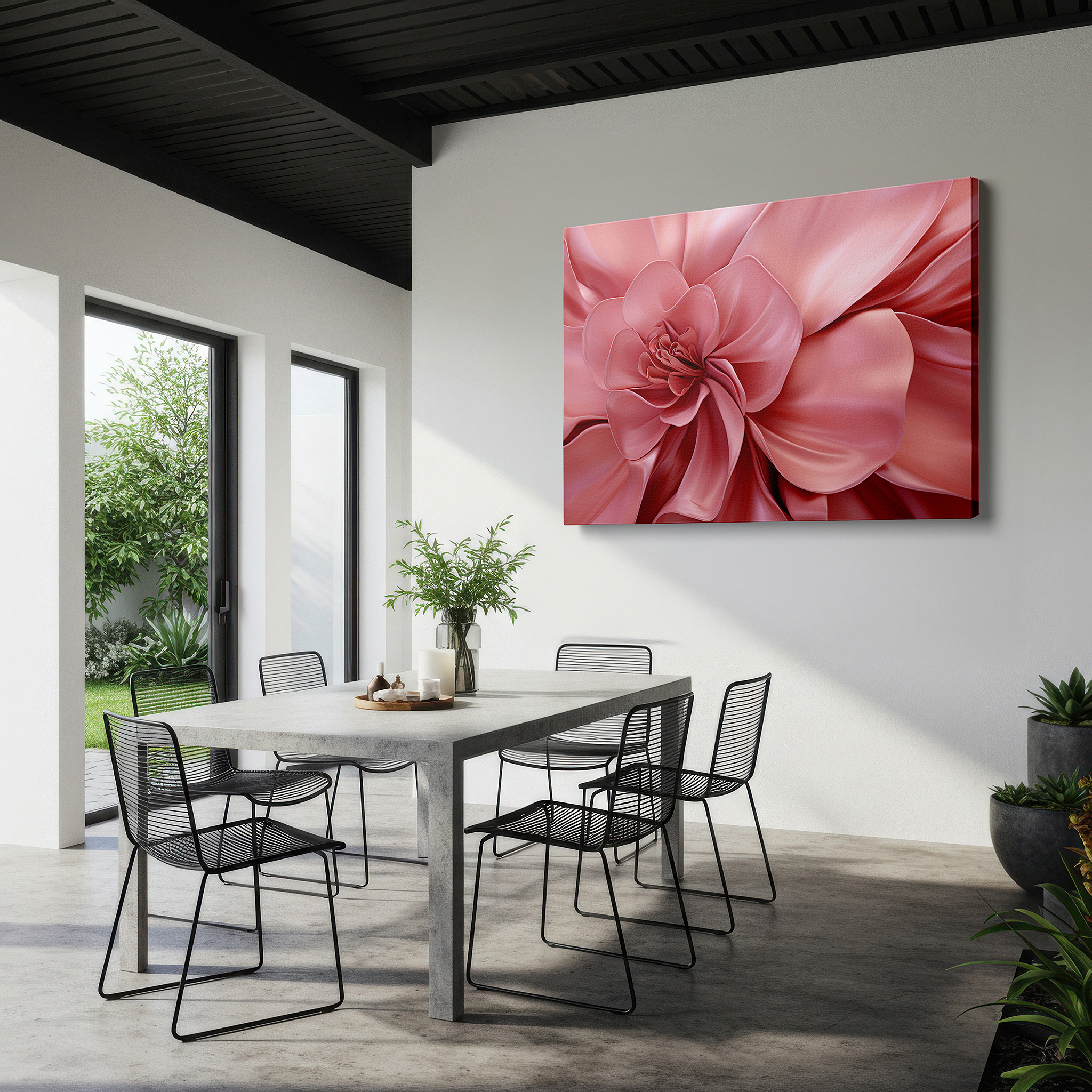 Bathed in morning sunlight streaming through sheer curtains — close-up of ethereal pink petals: tranquil floral elegance, large canvas wall art for office and bedroom decor