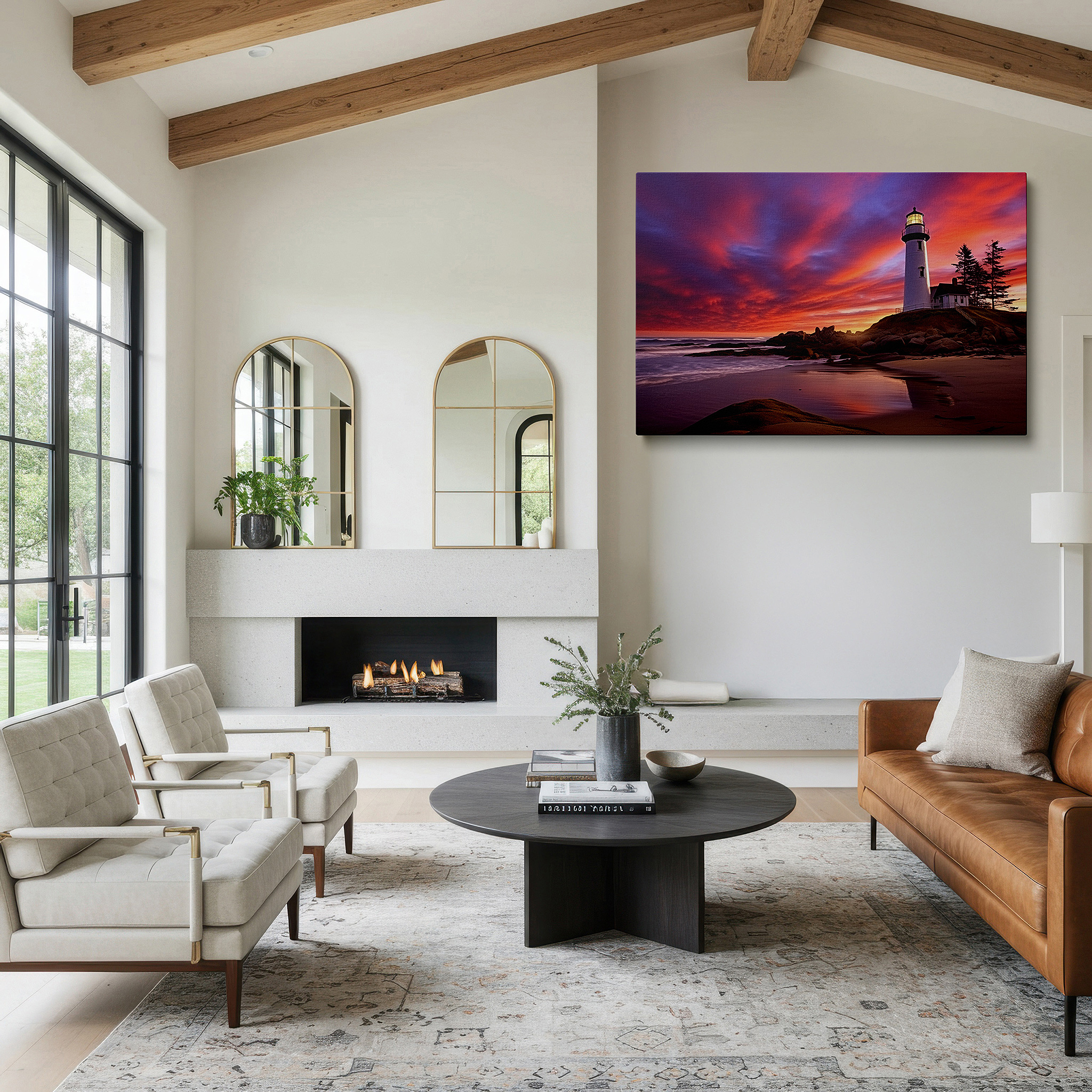 Bathed in morning sunlight streaming through sheer curtains — coastal sunset majesty: lighthouse serenity under vibrant skies - large canvas wall art for office and bedroom decor