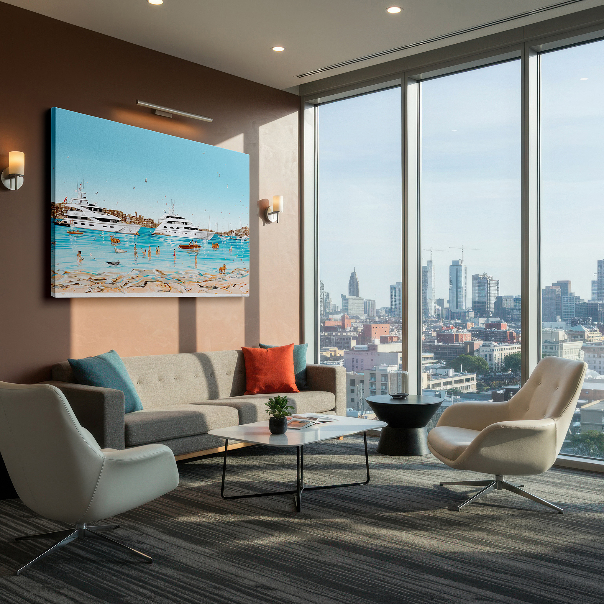 Bathed in morning sunlight streaming through sheer curtains — coastal vibrance: celebrating summer joy and seaside leisure - large wall art for bedrooms and offices
