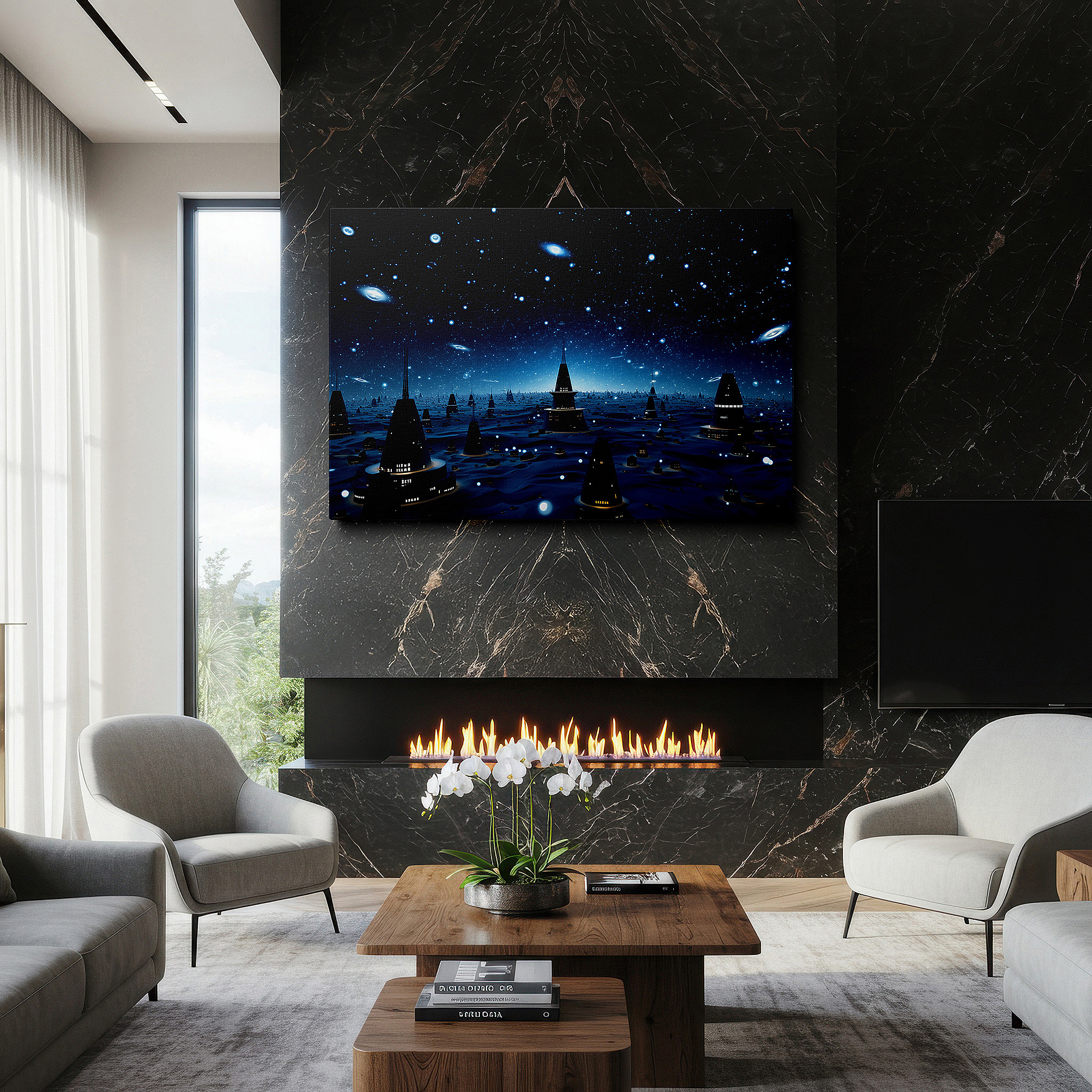 Bathed in morning sunlight streaming through sheer curtains — cosmic cityscape: a vision of urban innovation and celestial wonder - large wall art, canvas wall art, wall decor for office