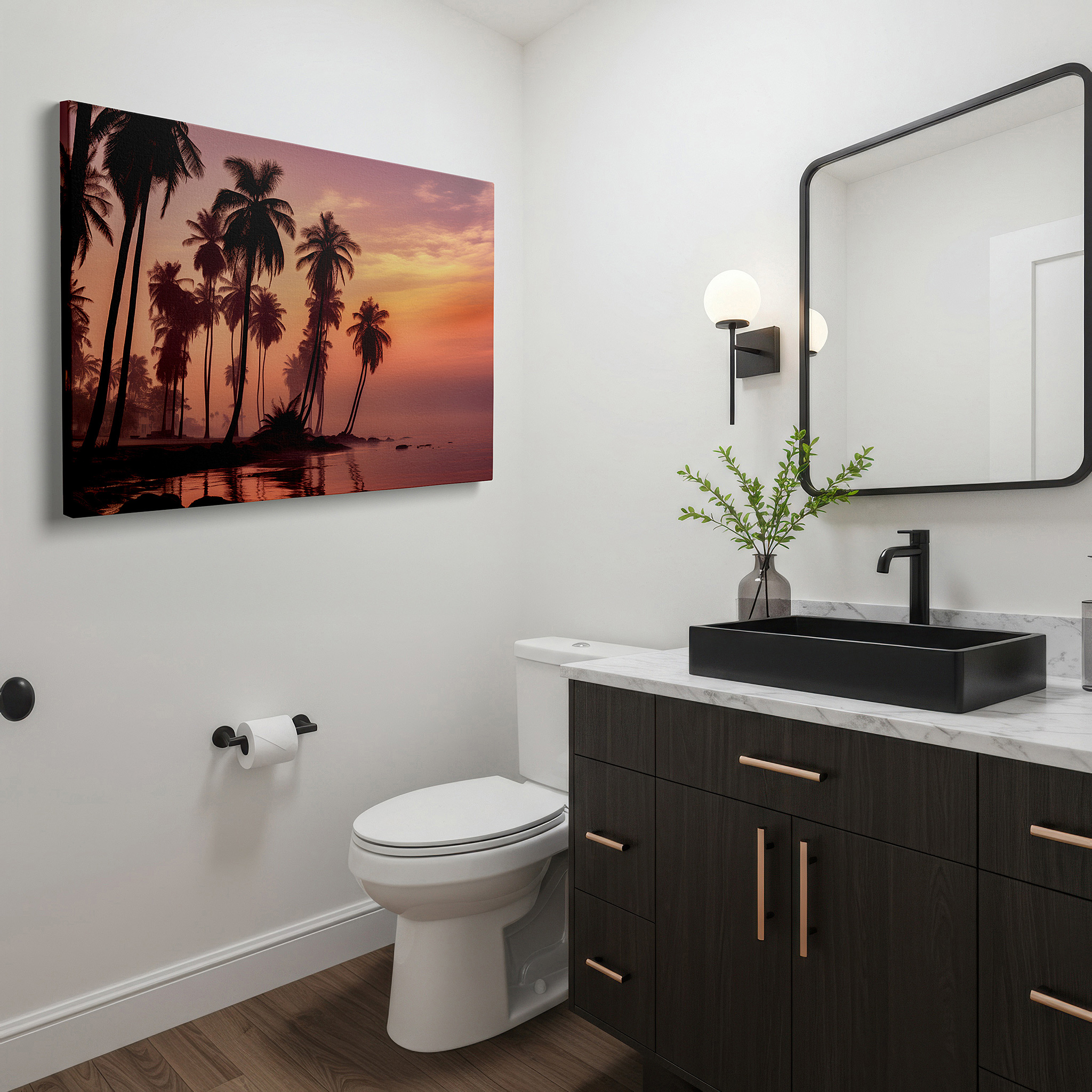 Bathed in morning sunlight streaming through sheer curtains — dawn's gentle embrace: silhouettes of palms against a vibrant morning sky - large canvas wall art for home and office decor