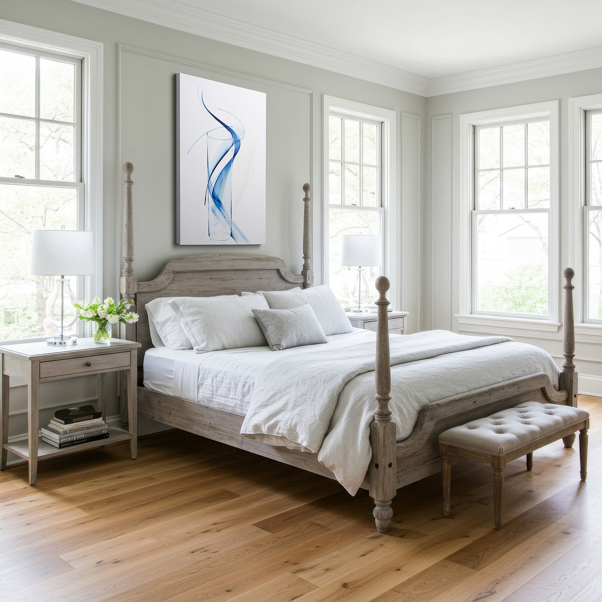Bathed in morning sunlight streaming through sheer curtains — dynamic blue strokes and transparent vessel: a symphony of motion and stillness - large wall art, canvas wall art, wall decor for office and bedroom