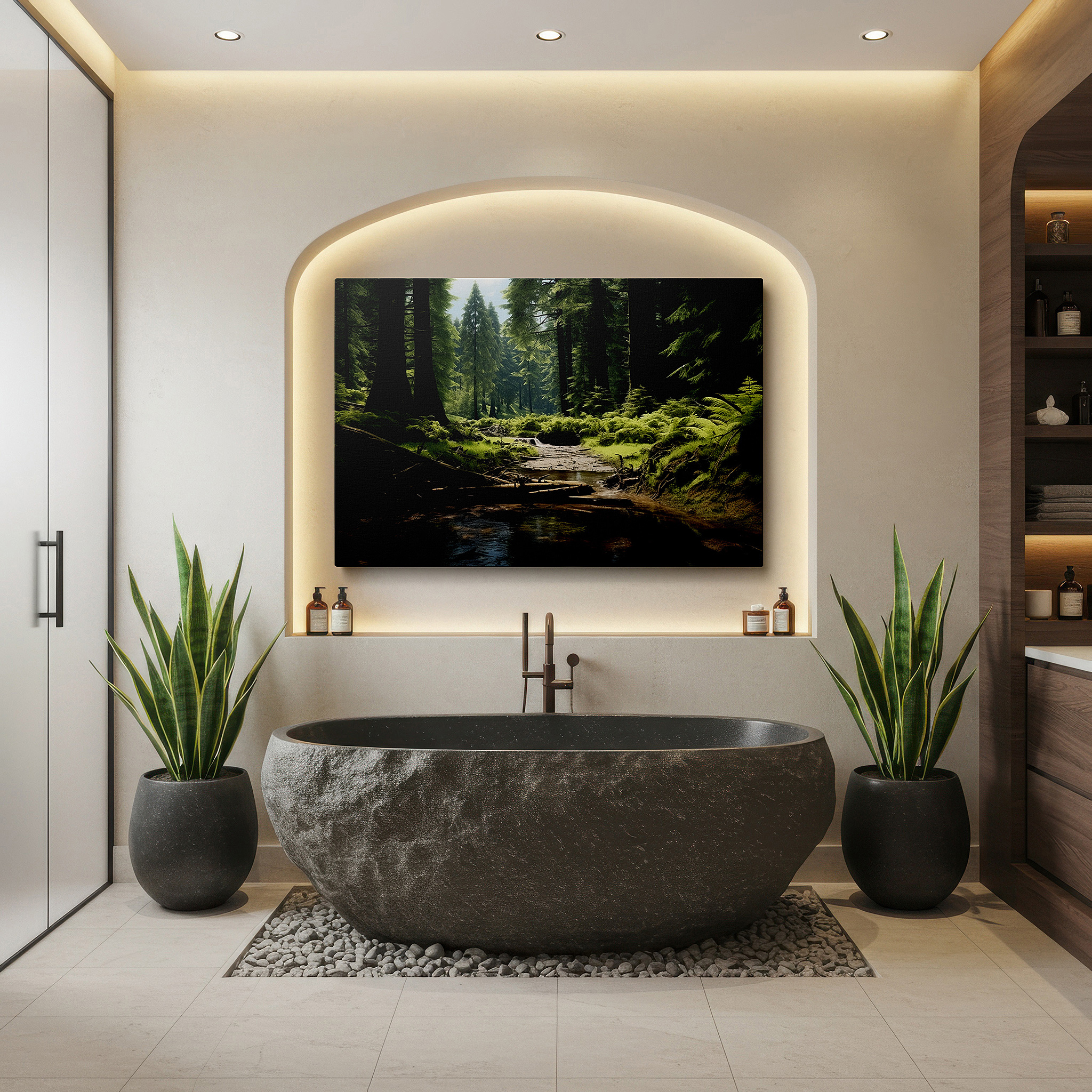 Bathed in morning sunlight streaming through sheer curtains — enchanted forest landscape with sunlit trees and peaceful stream, large canvas wall art for home and office decor