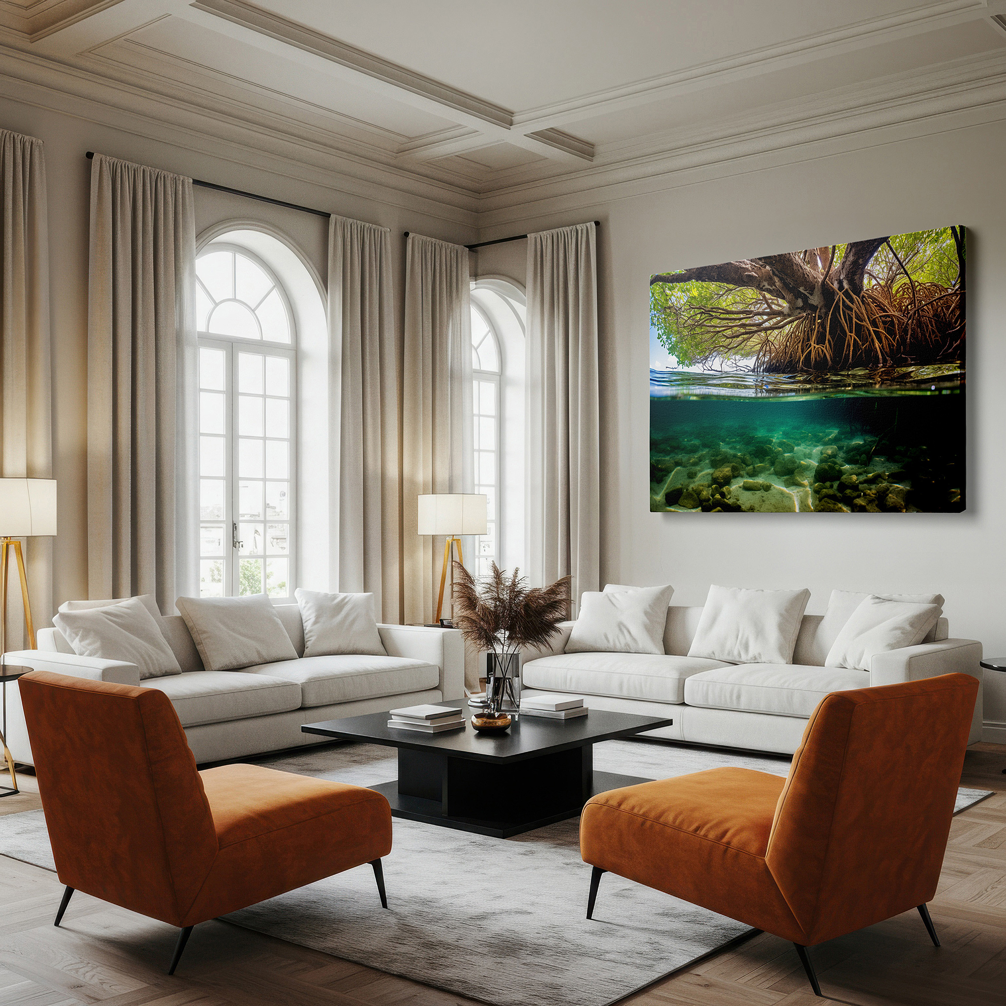 Bathed in morning sunlight streaming through sheer curtains — enchanted mangrove realm - a vibrant blend of land and sea in emerald and earth tones, large wall art, canvas wall art, wall decor for office