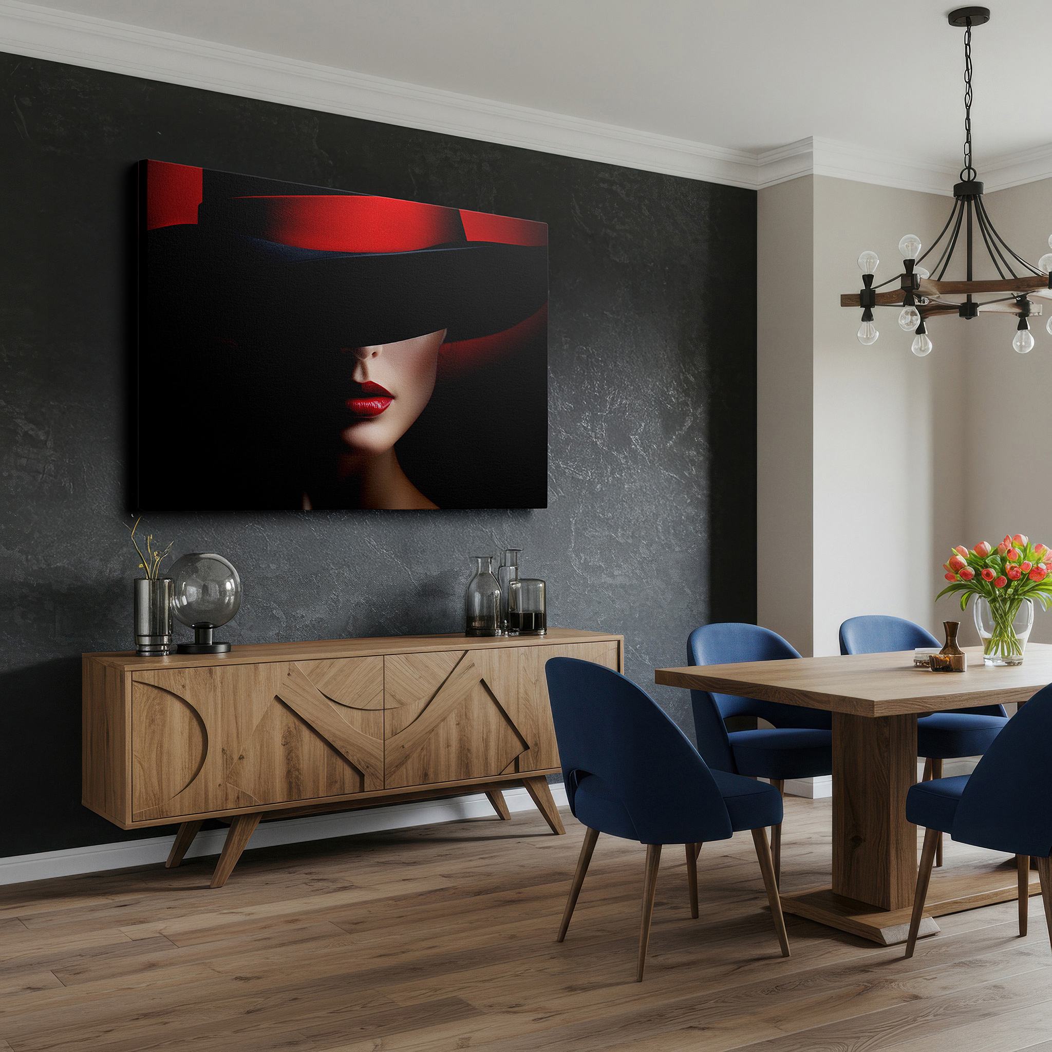 Bathed in morning sunlight streaming through sheer curtains — enigmatic charm: wide-brimmed hat shadow large wall art, canvas decor for office, bedroom, and living room