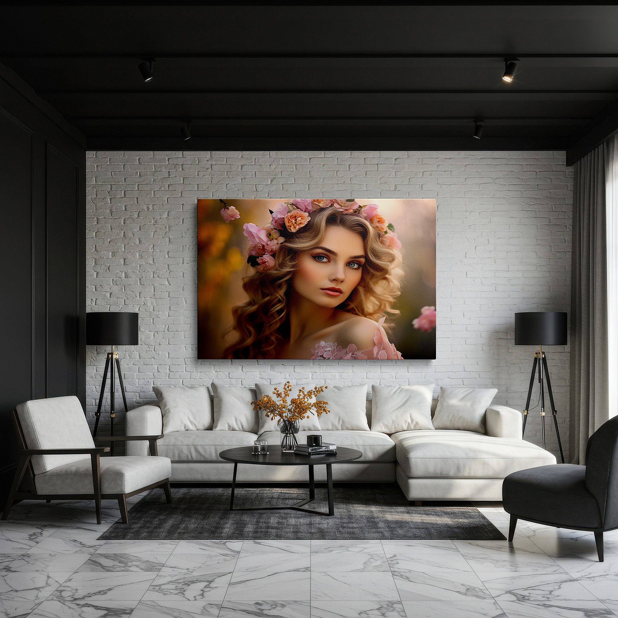 Bathed in morning sunlight streaming through sheer curtains — floral crown portrait: timeless elegance and natural beauty - large canvas wall art for bedrooms and offices