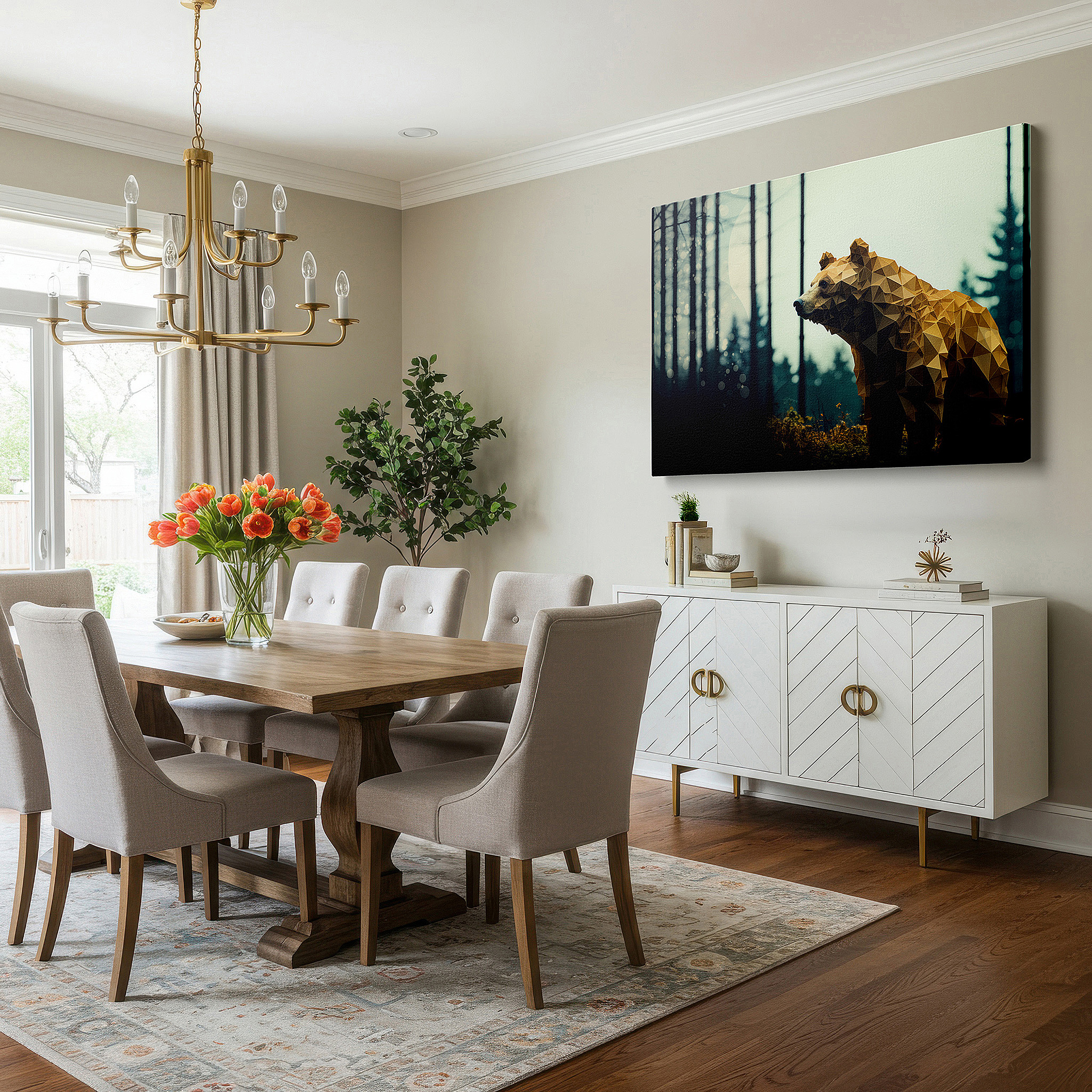 Bathed in morning sunlight streaming through sheer curtains — geometric bear in nature: a stunning blend of wildlife and creativity - large wall art, canvas wall art, wall decor for office and bedroom
