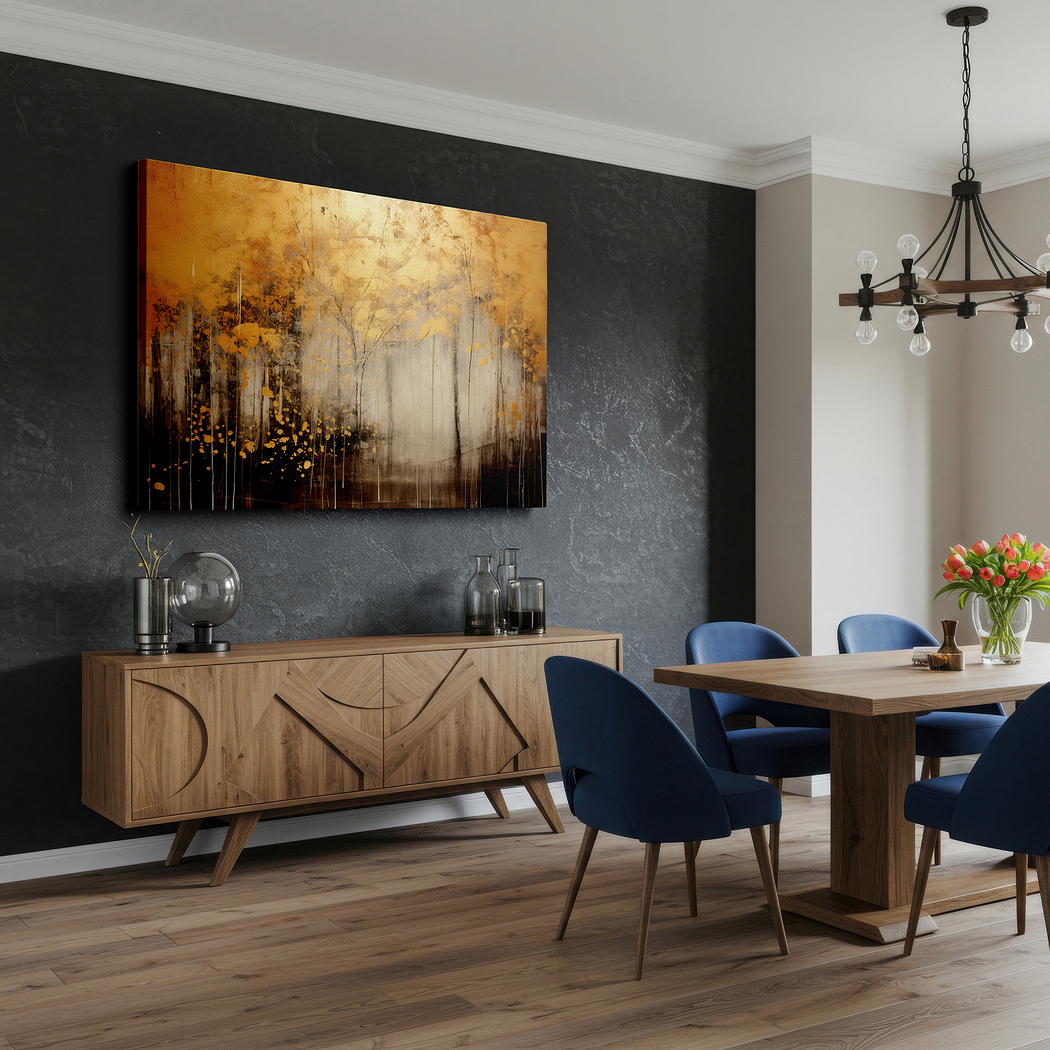 Bathed in morning sunlight streaming through sheer curtains — gold and black autumn essence: reflective abstract landscape, large canvas wall art for office and bedroom decor