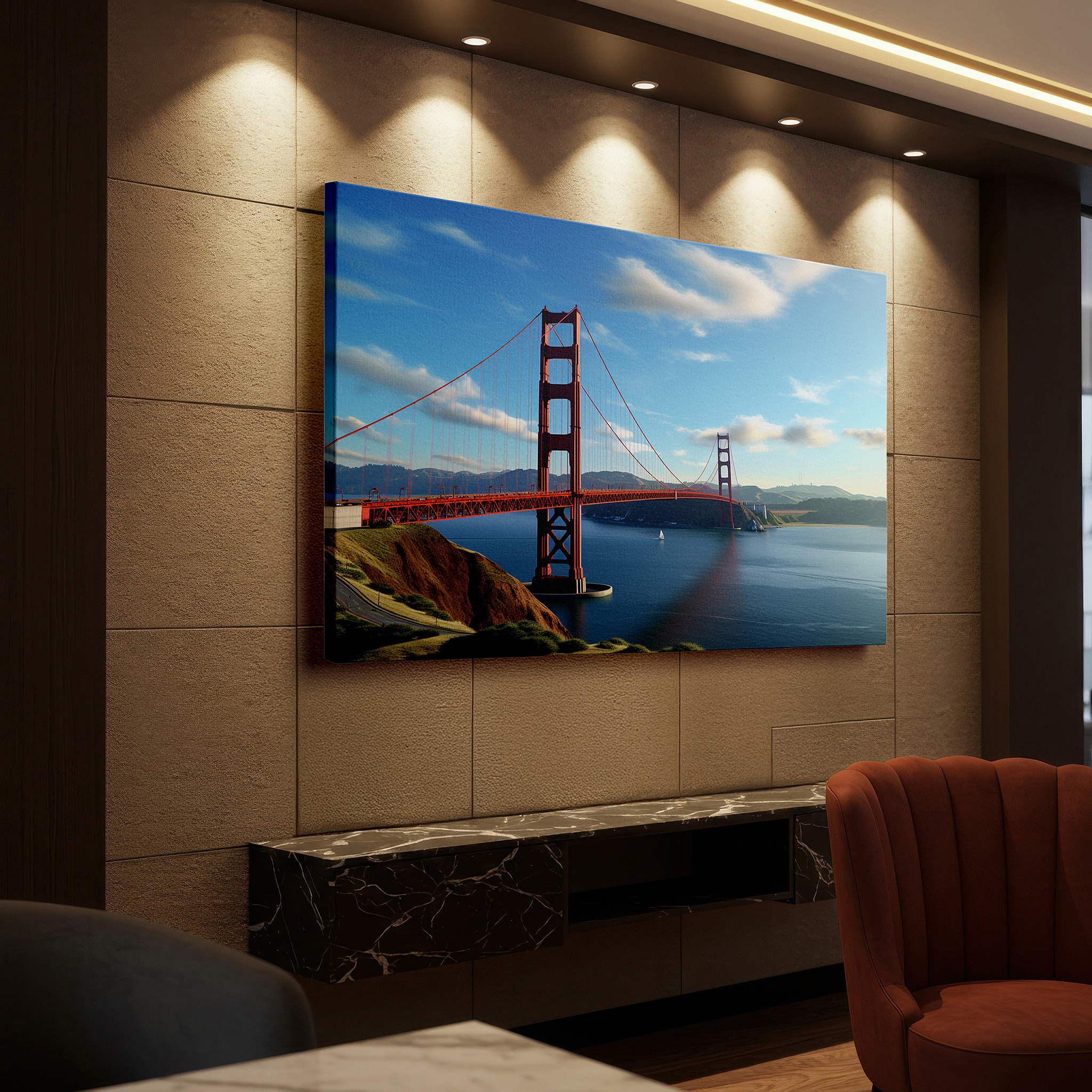 Bathed in morning sunlight streaming through sheer curtains — golden gate bridge wall art: majestic scene with tranquil san francisco skies - large canvas for home and office decor, perfect for living room and bedroom