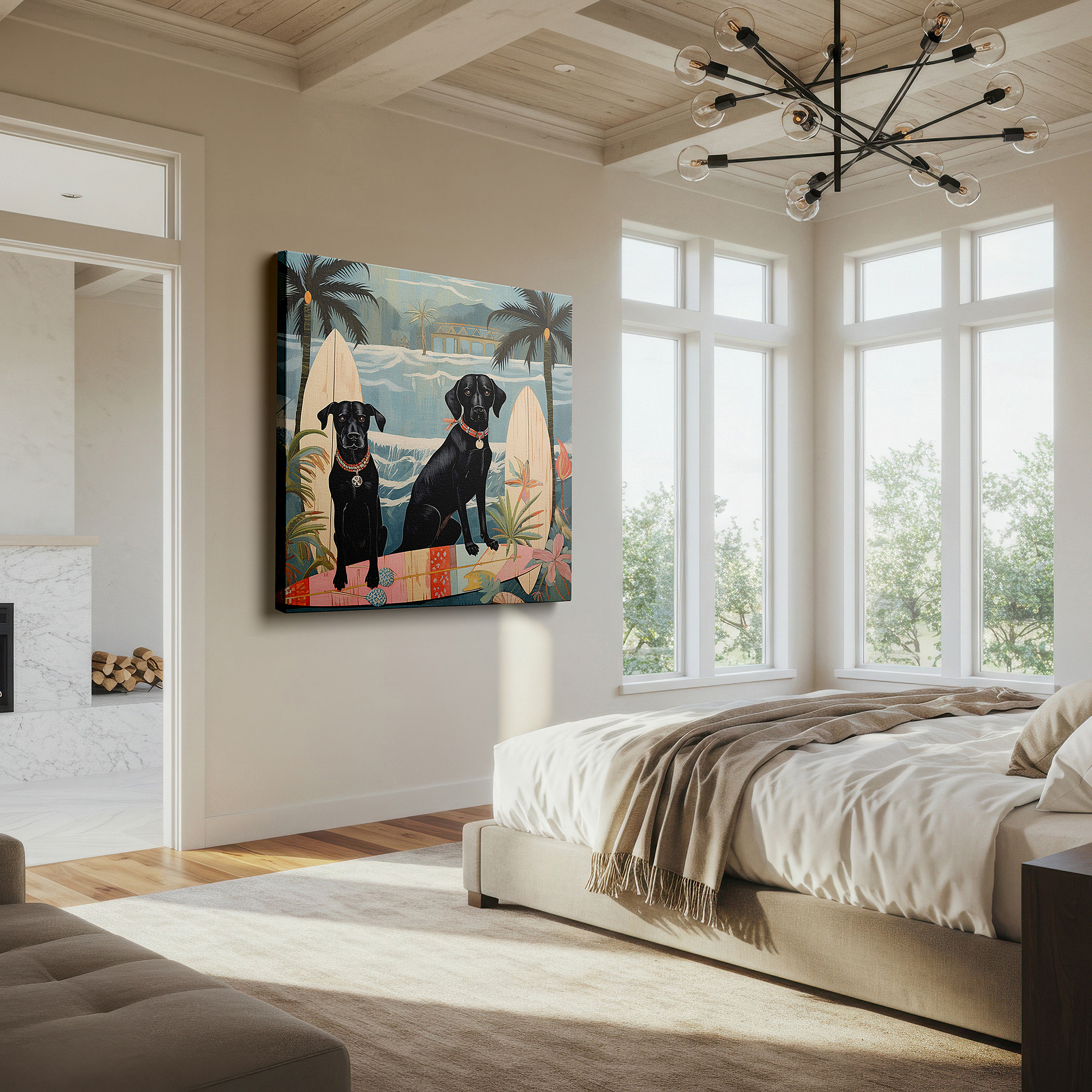 Bathed in morning sunlight streaming through sheer curtains — golden retriever and bulldog surfing in tropical paradise large canvas wall art for office and bedroom decor