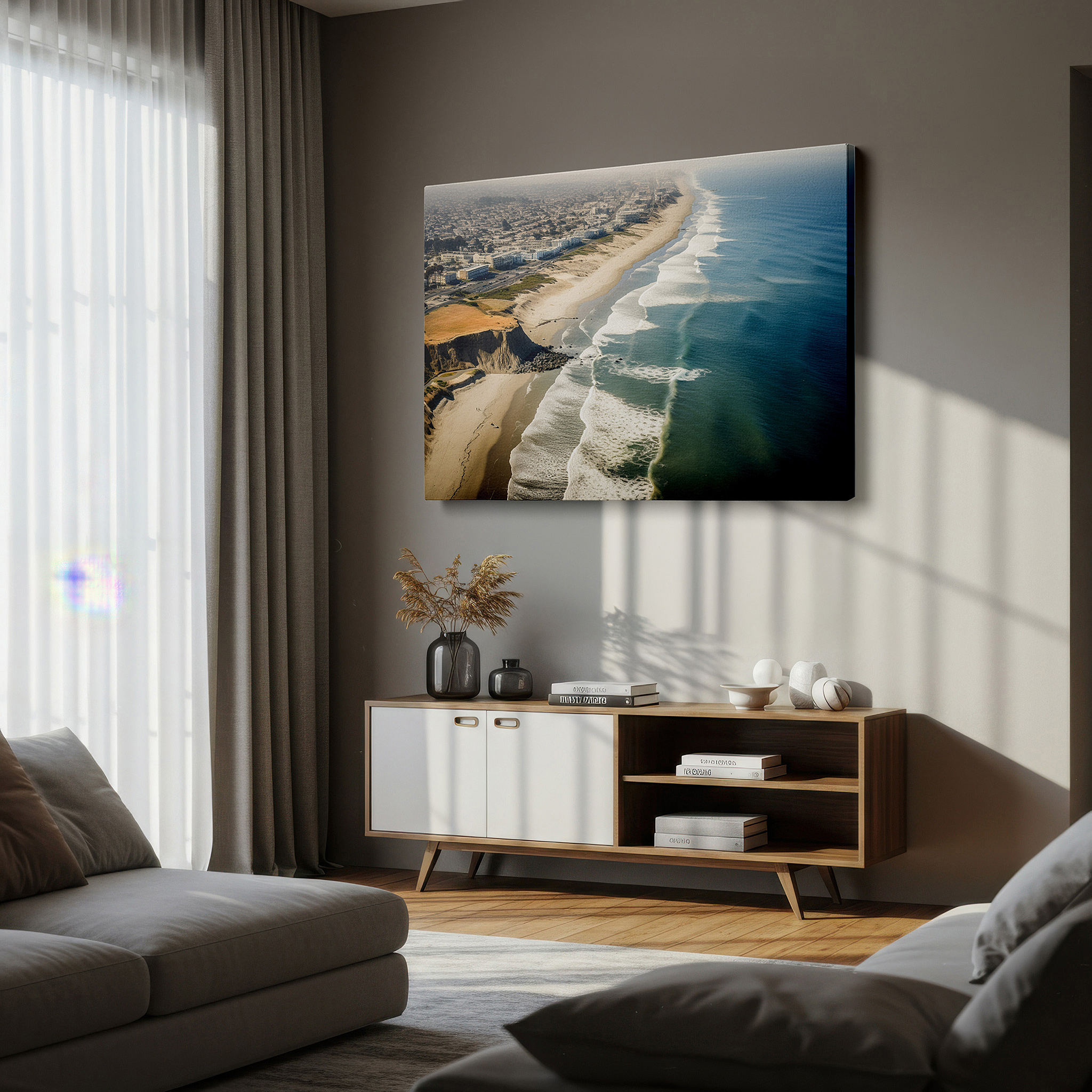 Bathed in morning sunlight streaming through sheer curtains — golden sands and azure waves beneath majestic cliffs: a serene and adventurous coastal landscape - large canvas wall art for home and office decor
