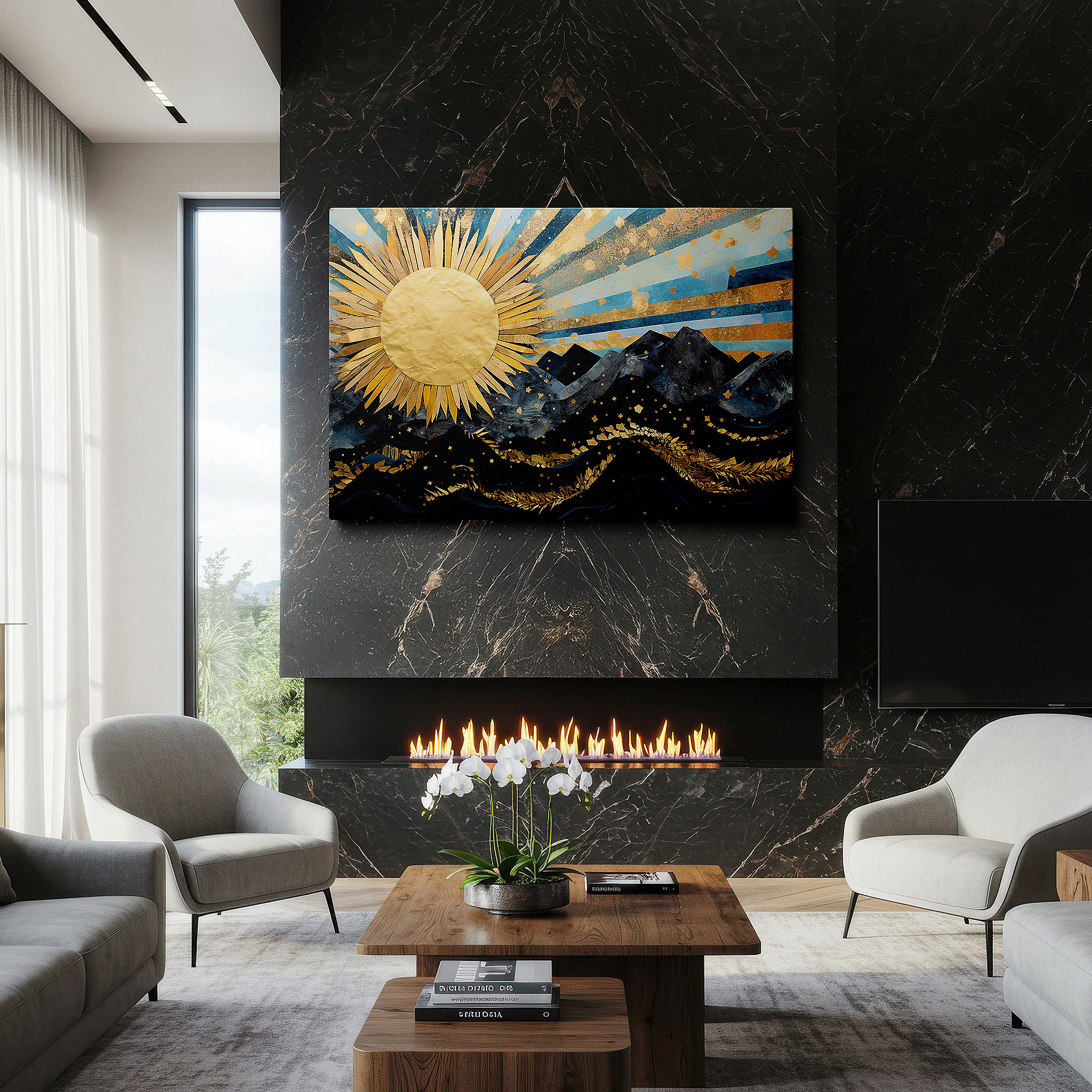 Bathed in morning sunlight streaming through sheer curtains — golden sunlight over majestic mountains and rhythmic ocean waves: large canvas wall art for office and bedroom decor