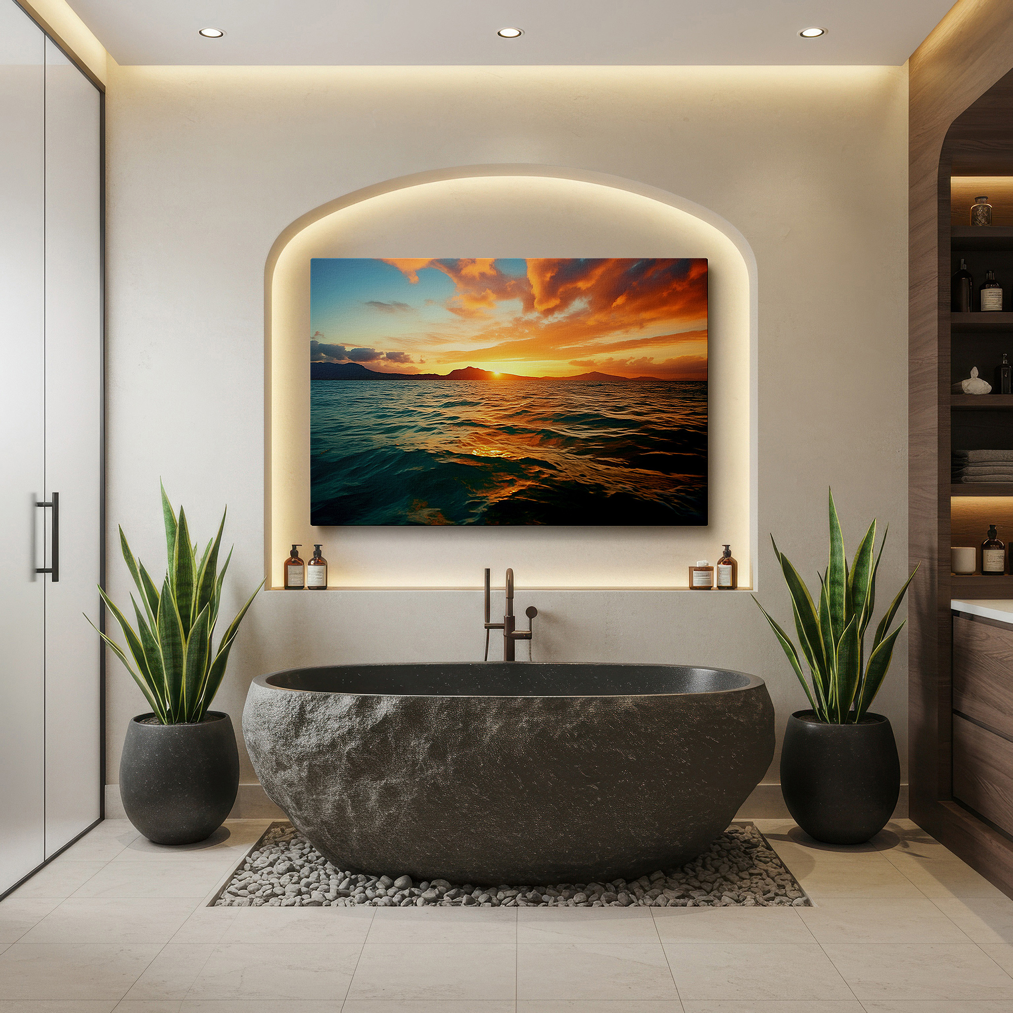 Bathed in morning sunlight streaming through sheer curtains — golden sunset over tranquil ocean: experience serenity with nature's beauty - large canvas wall art for home and office decor