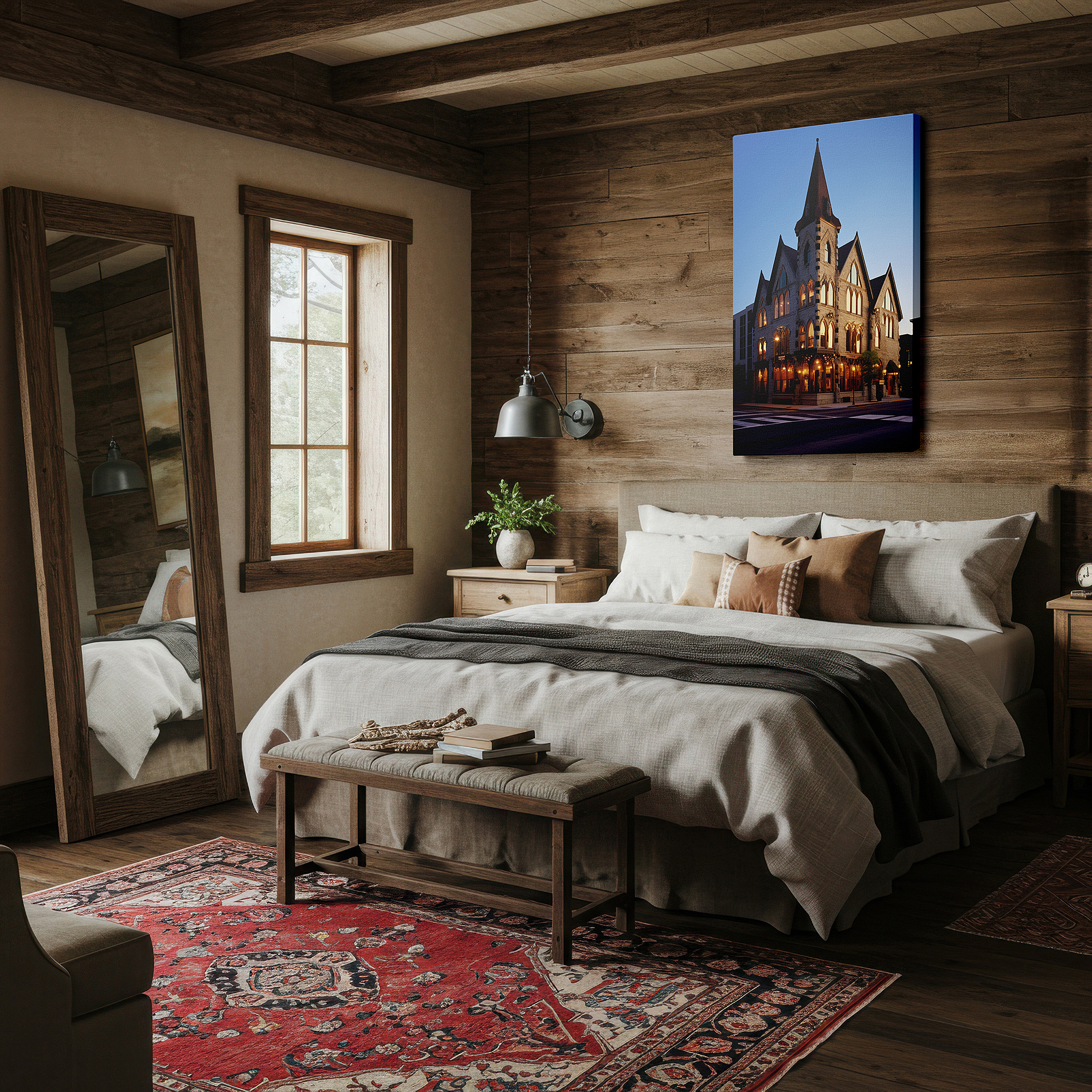 Bathed in morning sunlight streaming through sheer curtains — gothic splendor at twilight: celebrating architectural grace and historical radiance - large wall art, canvas wall art, wall decor for offices