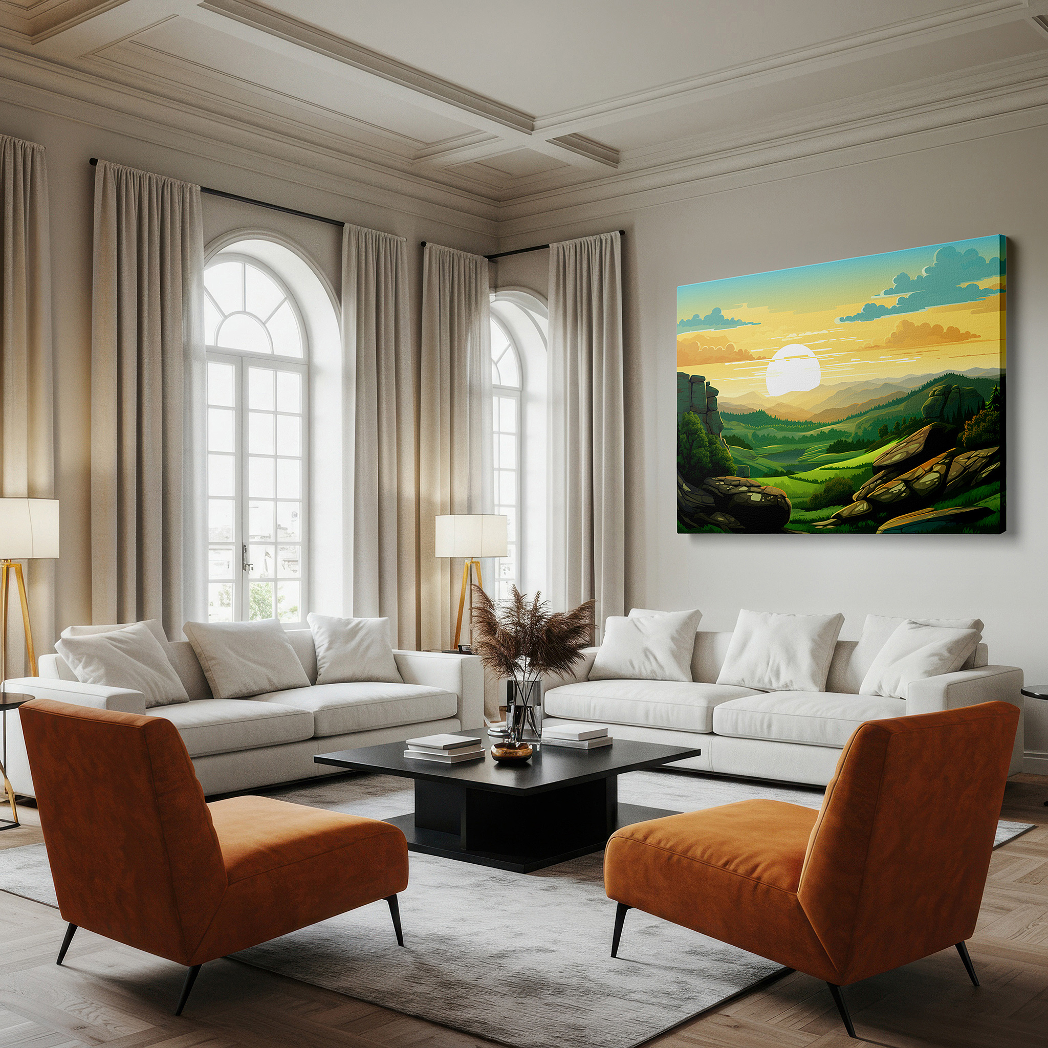 Bathed in morning sunlight streaming through sheer curtains — inspiring sunrise above majestic cliffs: serene and energizing large wall art for inspiring spaces, canvas wall art, wall decor for offices