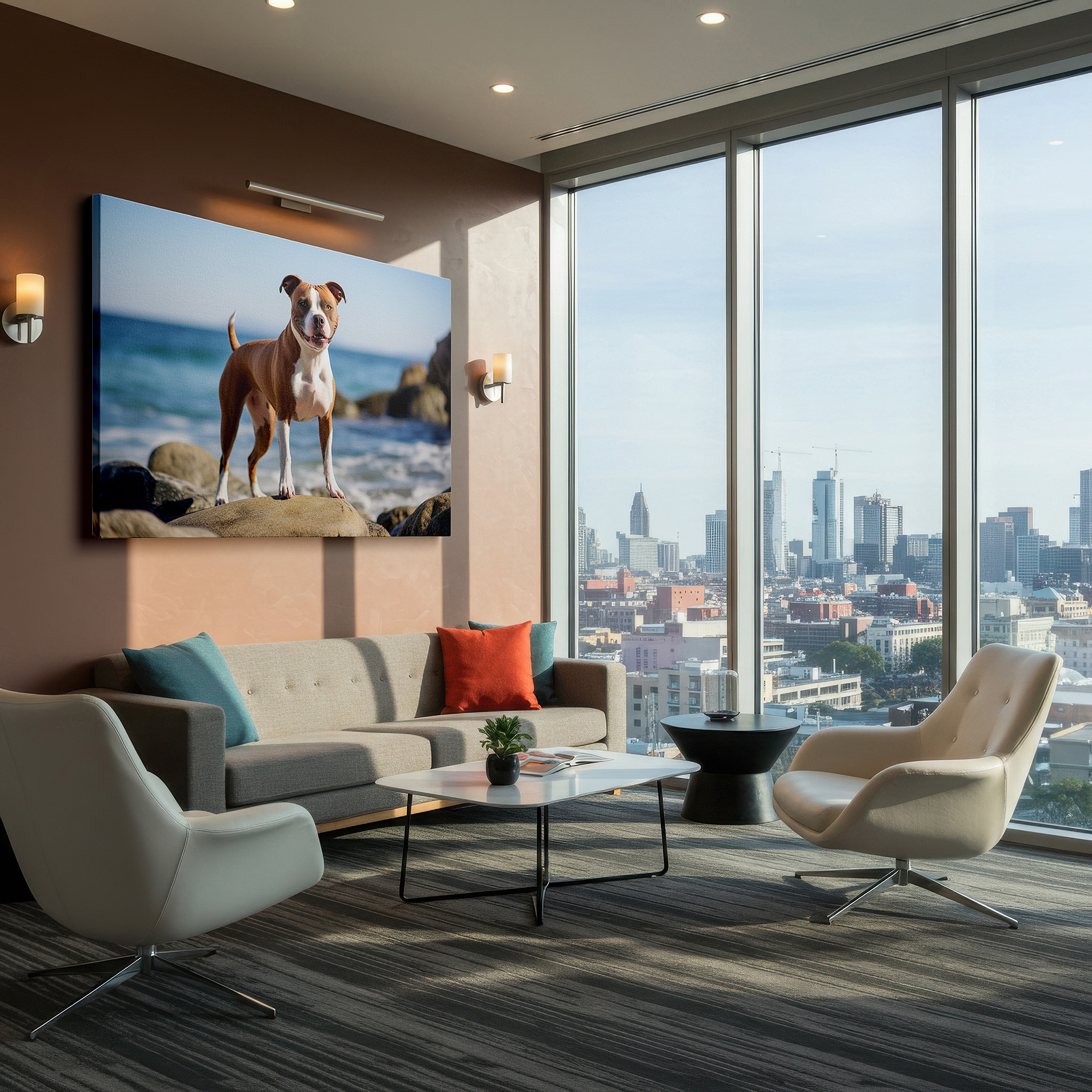 Bathed in morning sunlight streaming through sheer curtains — joyful dog by the ocean: capturing the essence of happiness, freedom, and serene natural beauty - large wall art, canvas wall art, wall decor, office wall art