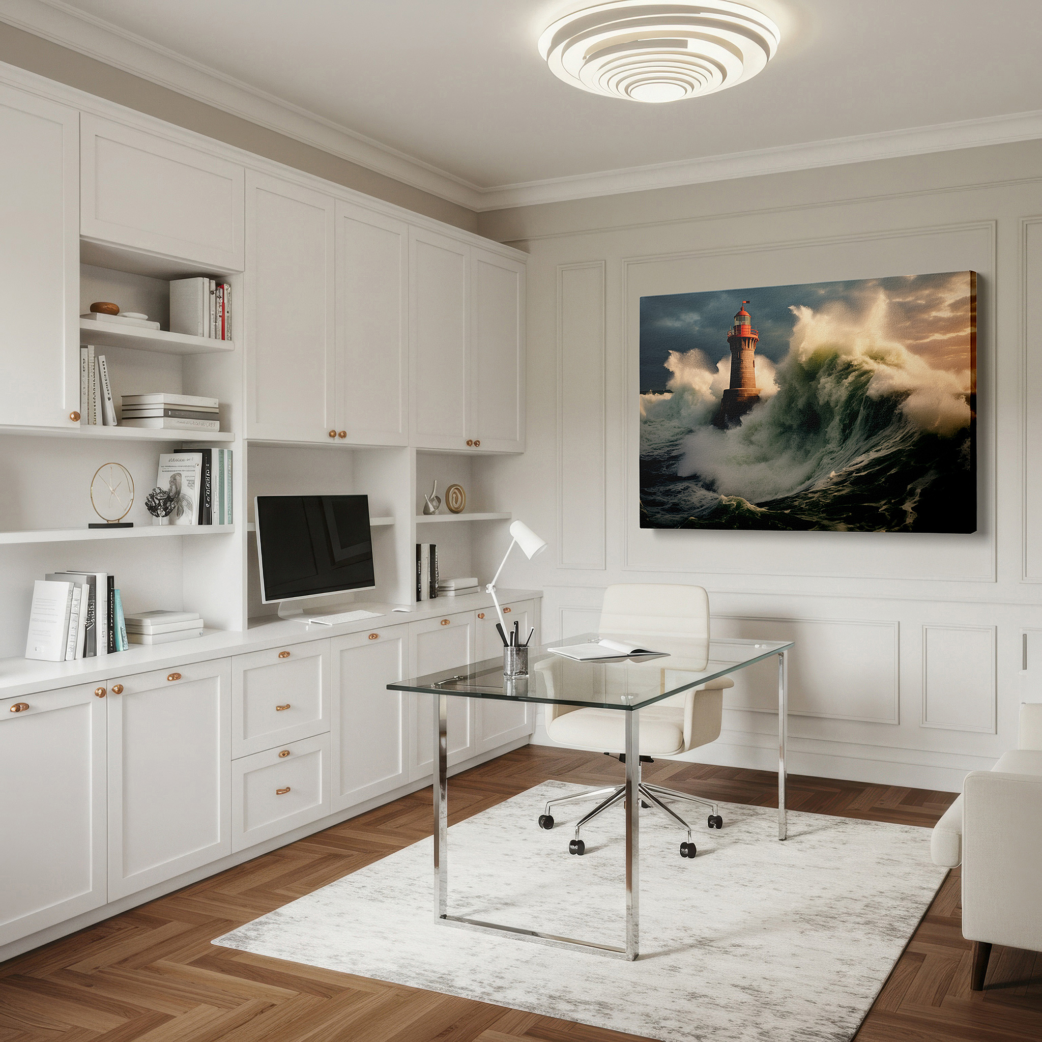 Bathed in morning sunlight streaming through sheer curtains — lighthouse amidst stormy seas wall art - symbolizing resilience and hope, perfect for office, living room, or bedroom decor, available as large canvas art