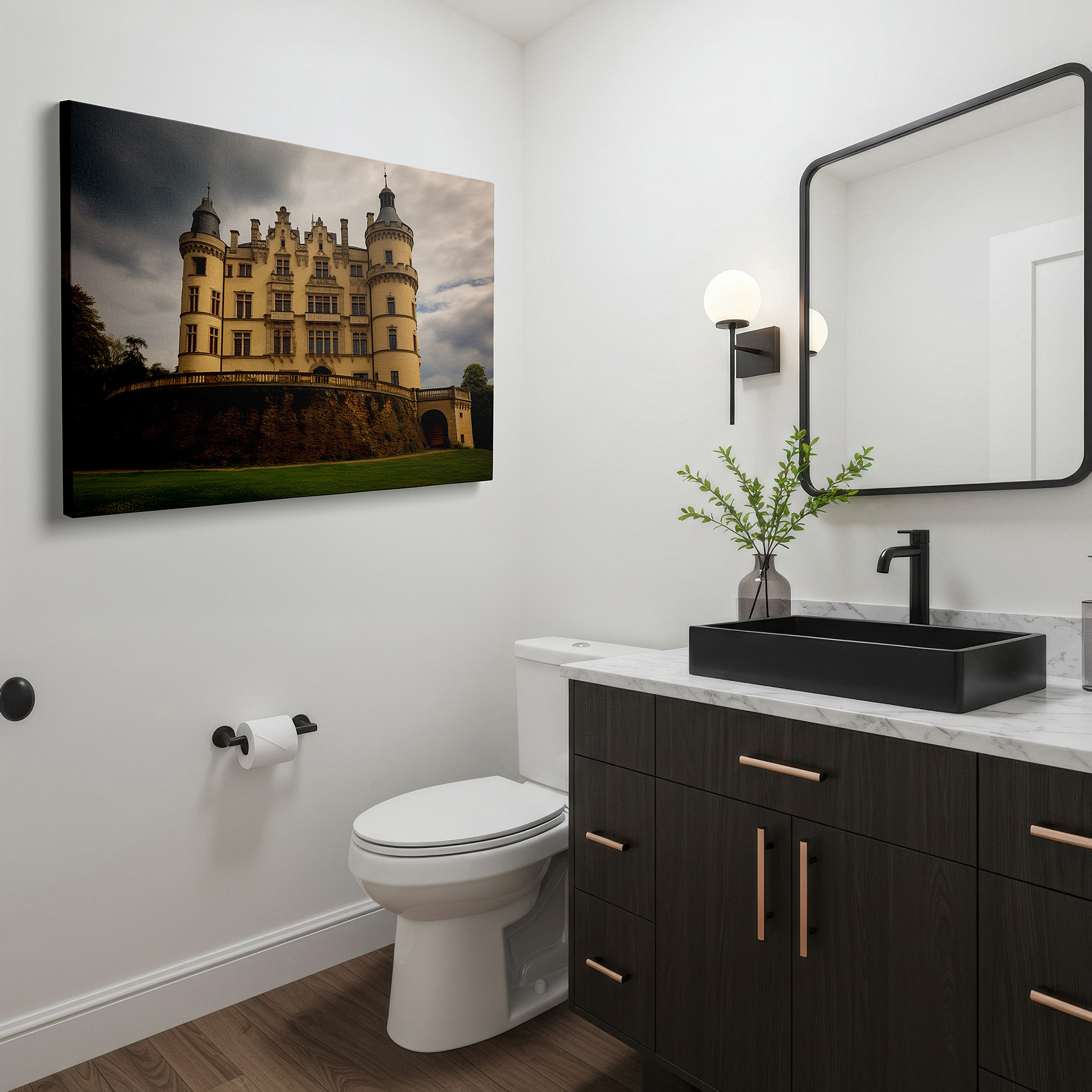 Bathed in morning sunlight streaming through sheer curtains — majestic castle on rugged hill: a showcase of architectural excellence amidst natural splendor - large wall art, canvas wall art, wall decor for office