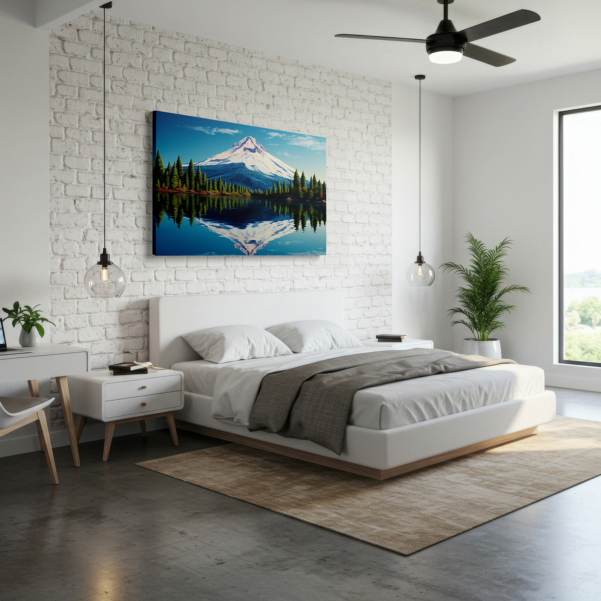 Bathed in morning sunlight streaming through sheer curtains — majestic mountain and serene lake reflections amidst lush pine forests: large canvas wall art for office and bedroom decor