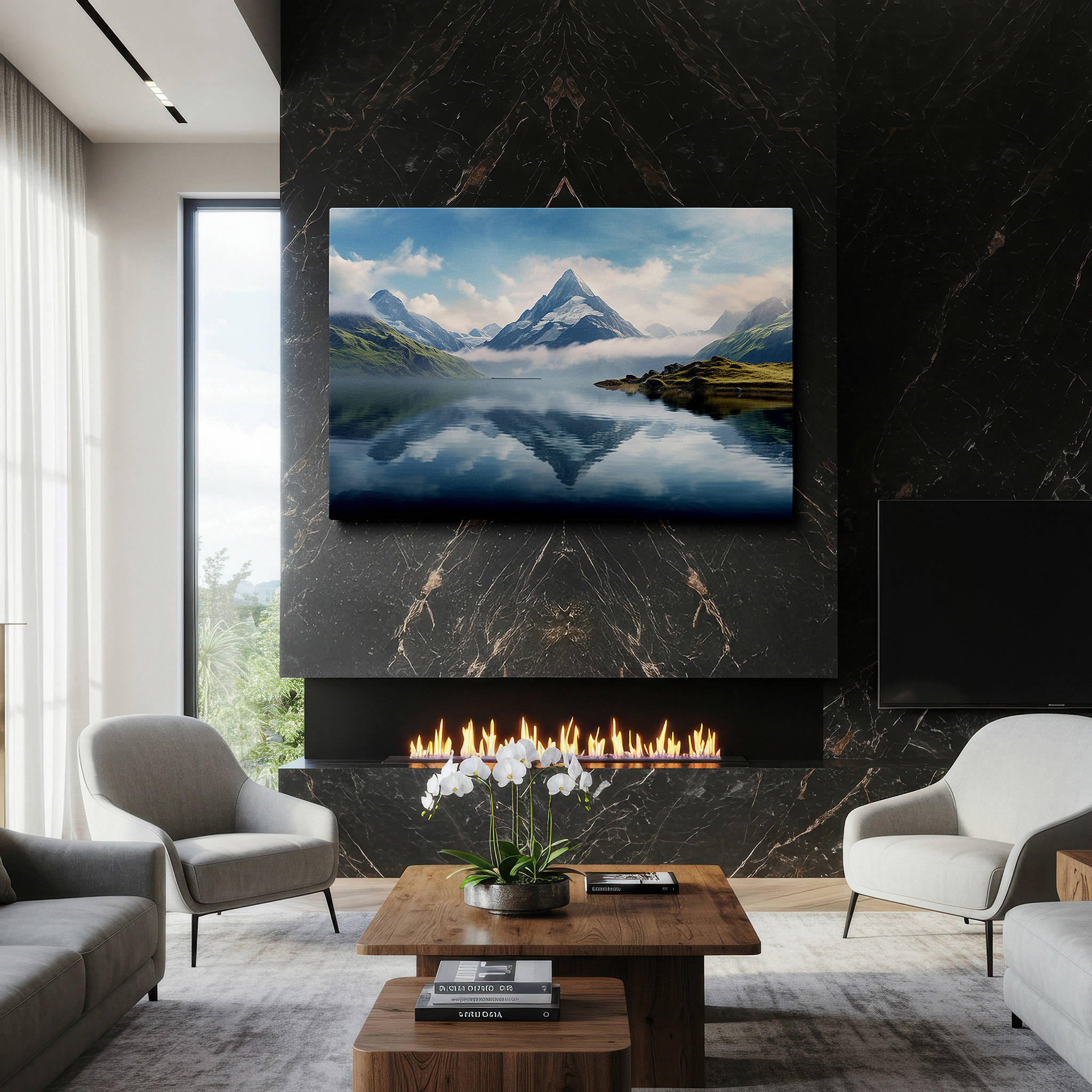 Bathed in morning sunlight streaming through sheer curtains — majestic mountains and peaceful lake reflections - a calming and refreshing landscape for any space, large wall art, canvas wall art, wall decor