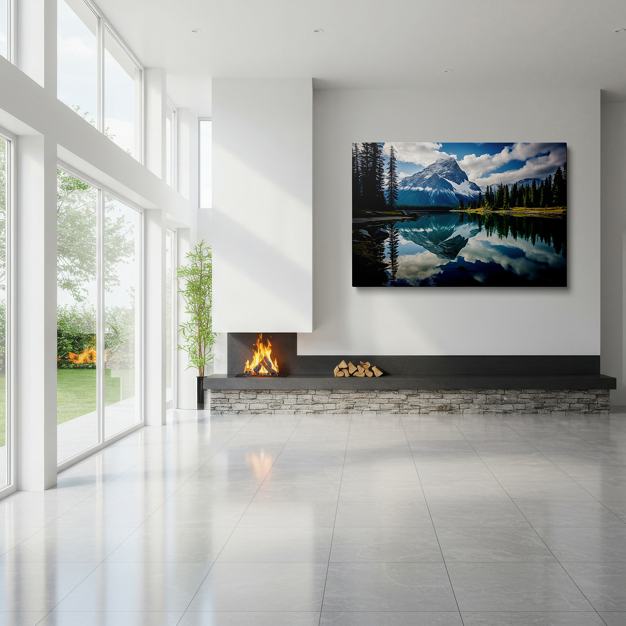 Bathed in morning sunlight streaming through sheer curtains — majestic mountains and serene lake reflections beneath captivating skies: large canvas wall art for office and bedroom decor