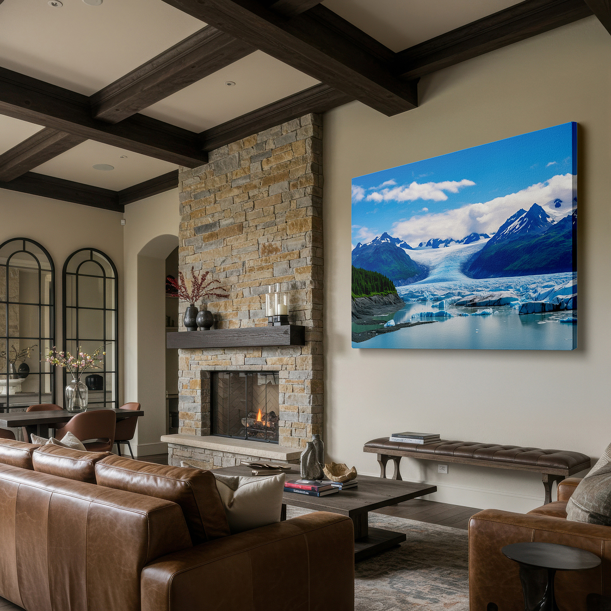 Bathed in morning sunlight streaming through sheer curtains — majestic mountains and sparkling glacier with serene lake reflections: large canvas wall art for office and bedroom decor