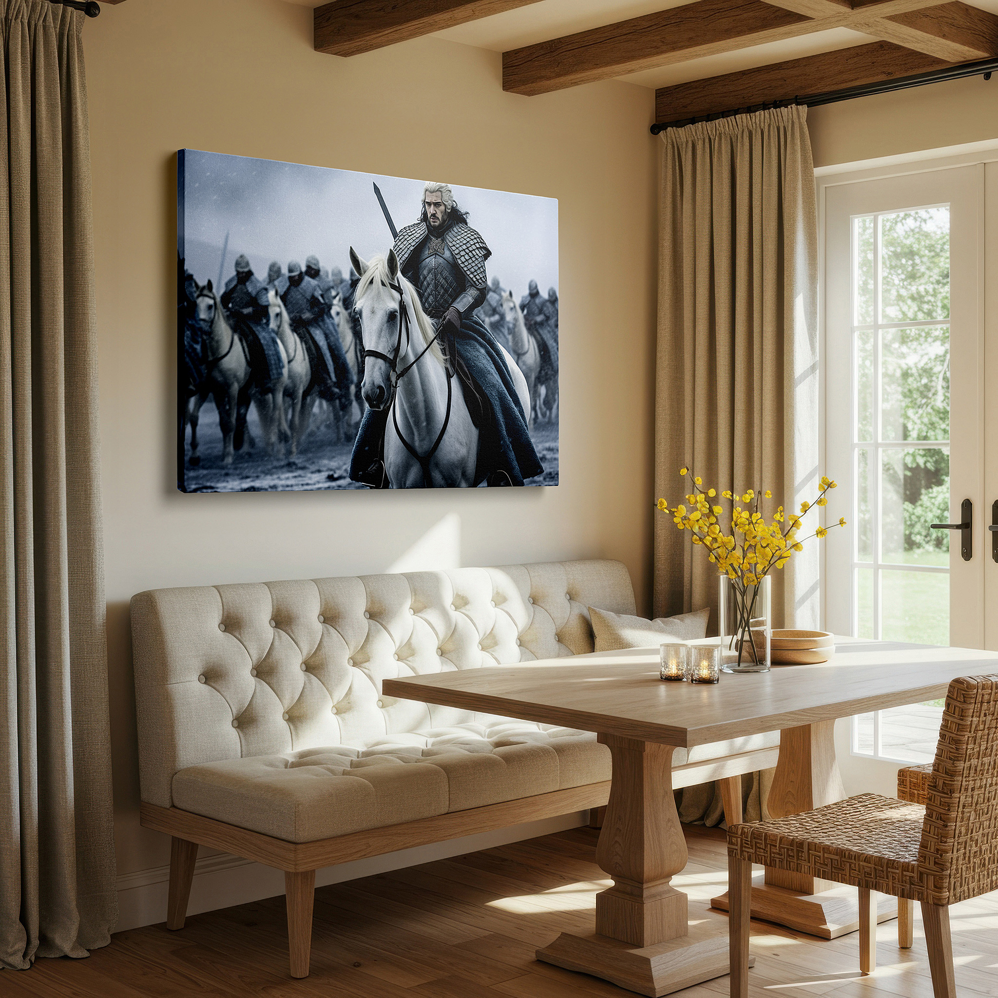 Bathed in morning sunlight streaming through sheer curtains — medieval knight and faithful troops in a wintry scene large canvas wall art, office and bedroom decor