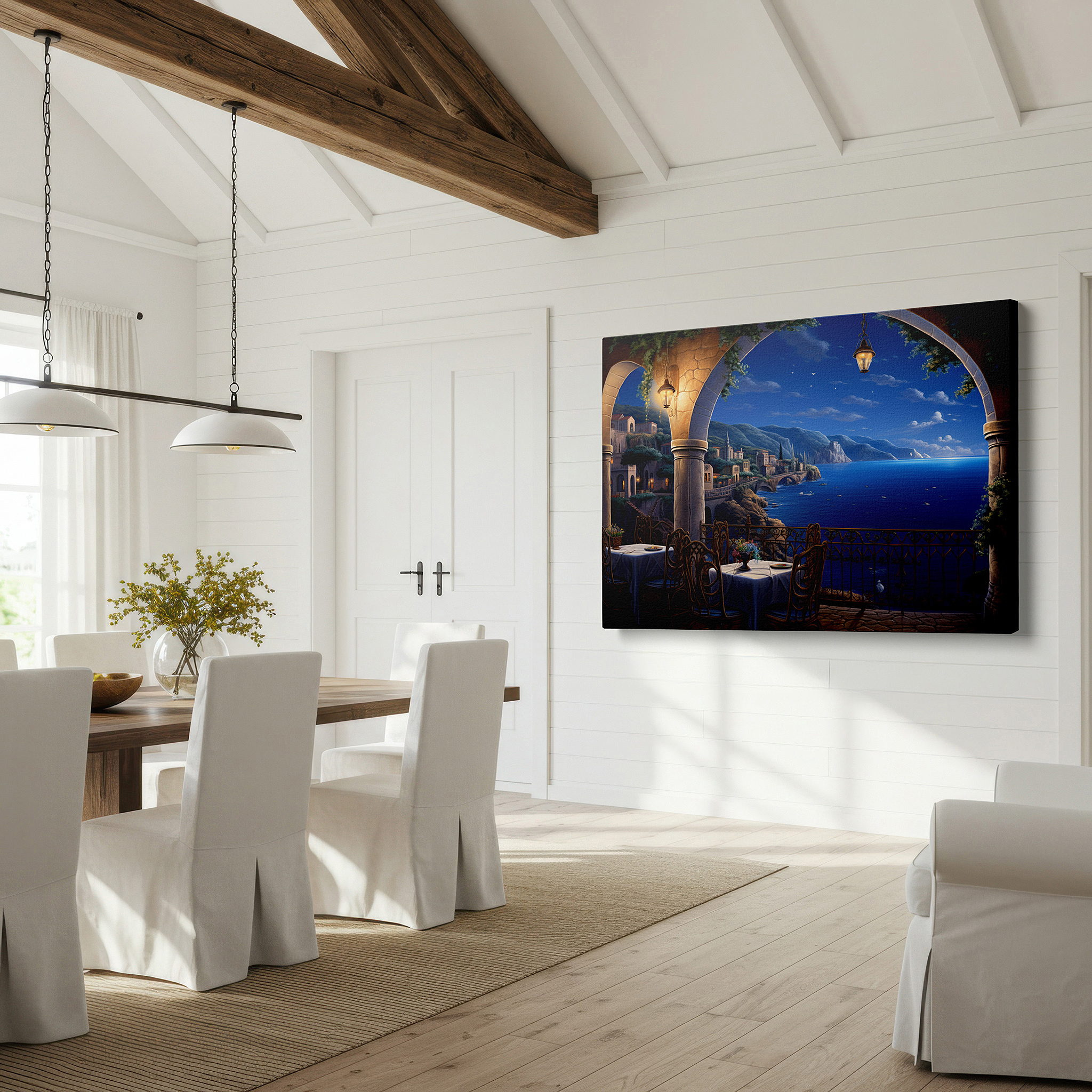 Bathed in morning sunlight streaming through sheer curtains — mediterranean retreat canvas wall art featuring sunset glow and serene sea views for office, bedroom, and living room decor