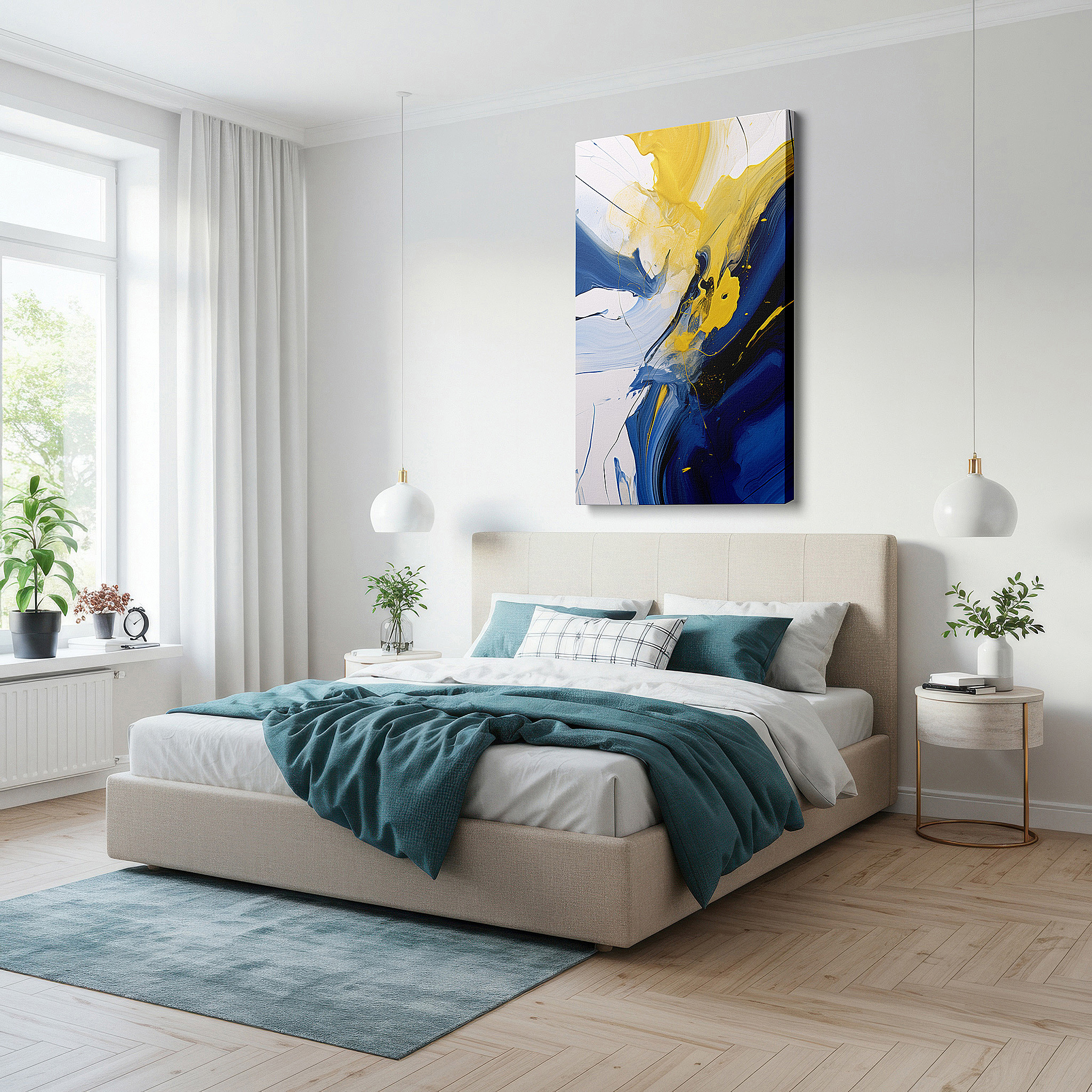 Bathed in morning sunlight streaming through sheer curtains — mesmerizing abstract display of dynamic blue and yellow swirls, large canvas wall art for office decor