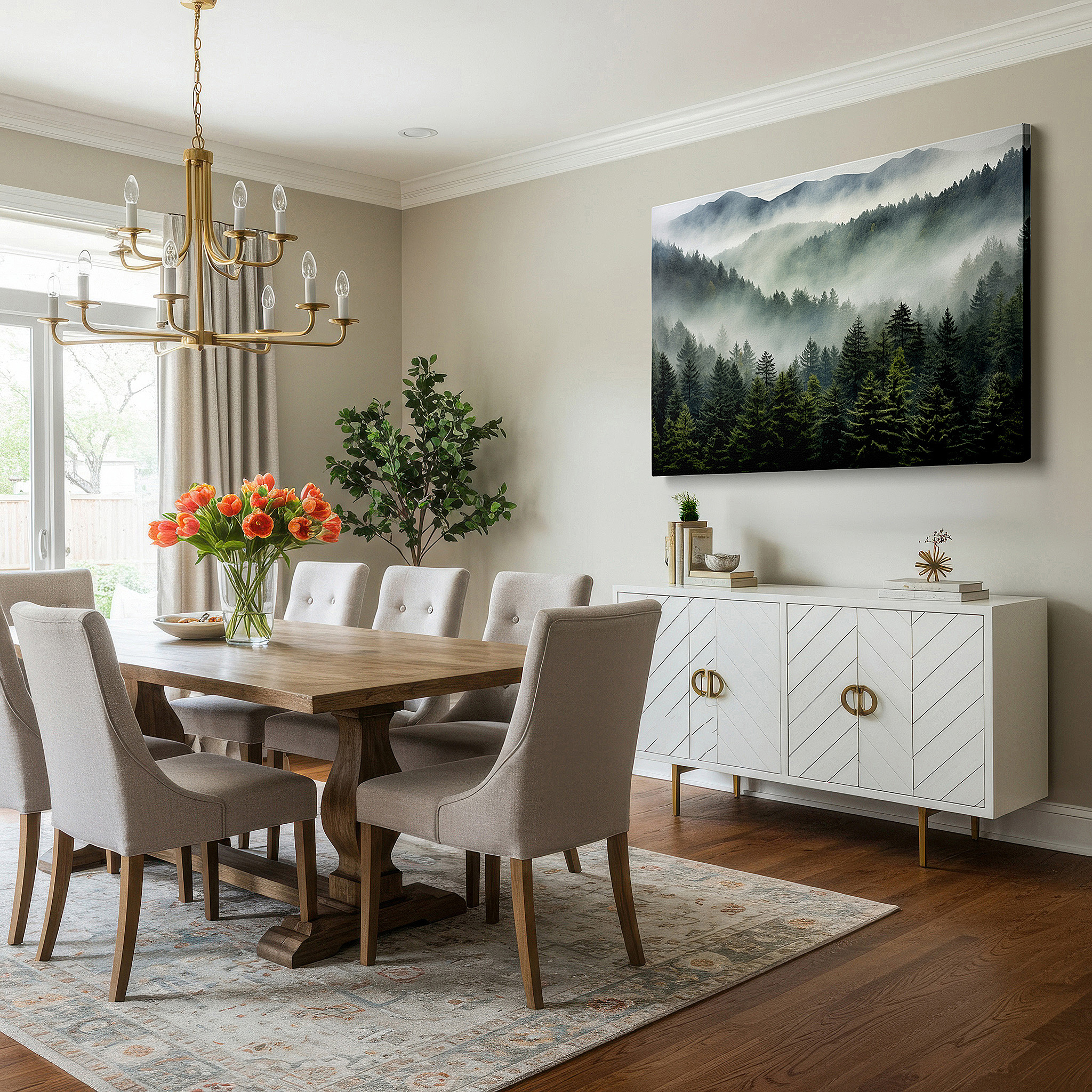 Bathed in morning sunlight streaming through sheer curtains — misty mountains shrouded in ethereal fog - tranquil, mysterious landscape large wall art, canvas wall art, wall decor for office