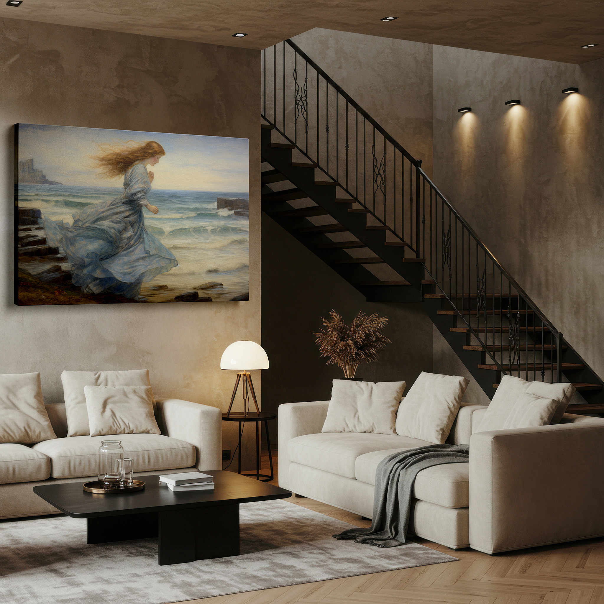 Bathed in morning sunlight streaming through sheer curtains — misty seascape sprint: waves and romance symphony large wall art, canvas decor for office