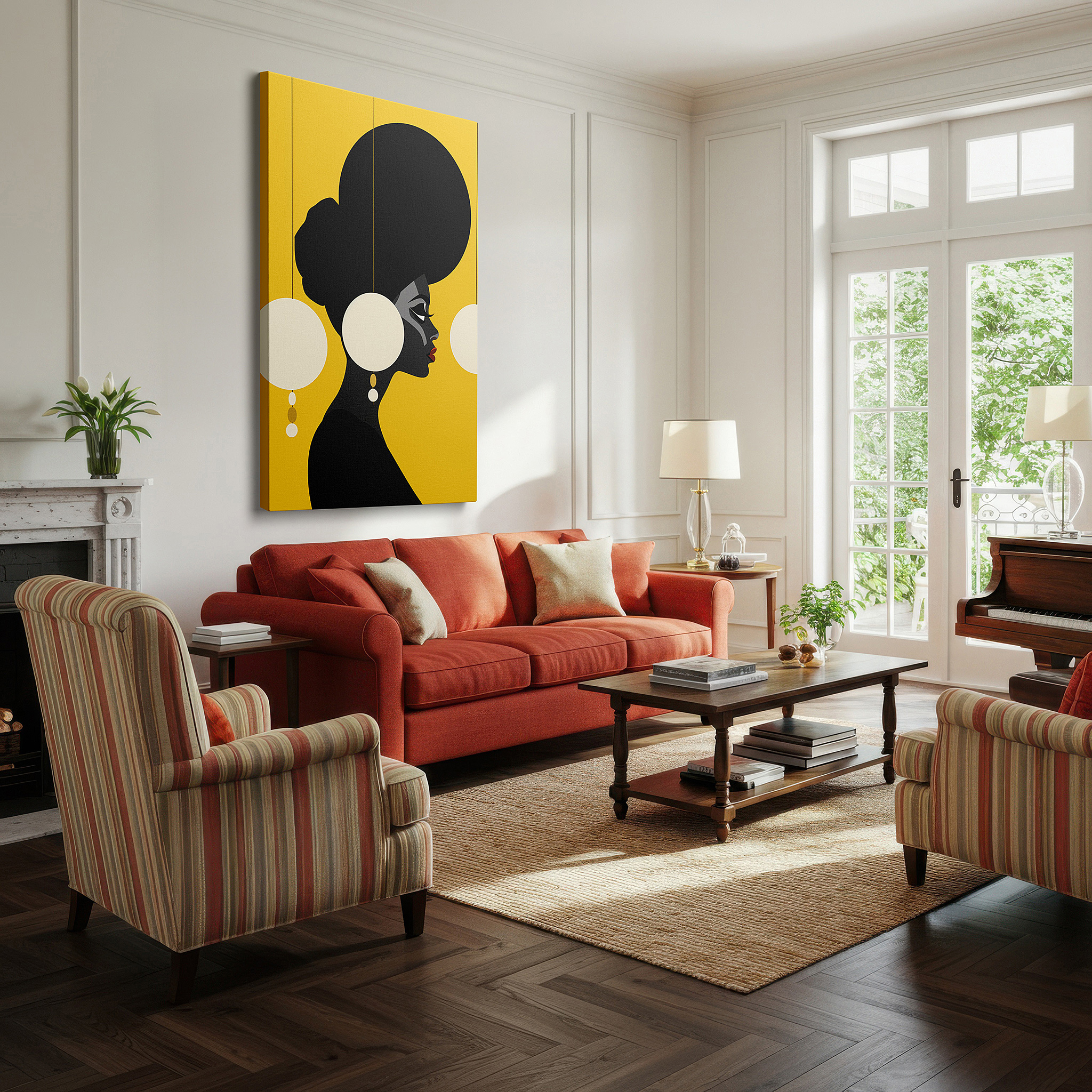 Bathed in morning sunlight streaming through sheer curtains — modern elegance blends with classic charm in a striking display of sophistication and style: large wall art, canvas wall art, wall decor, office wall art