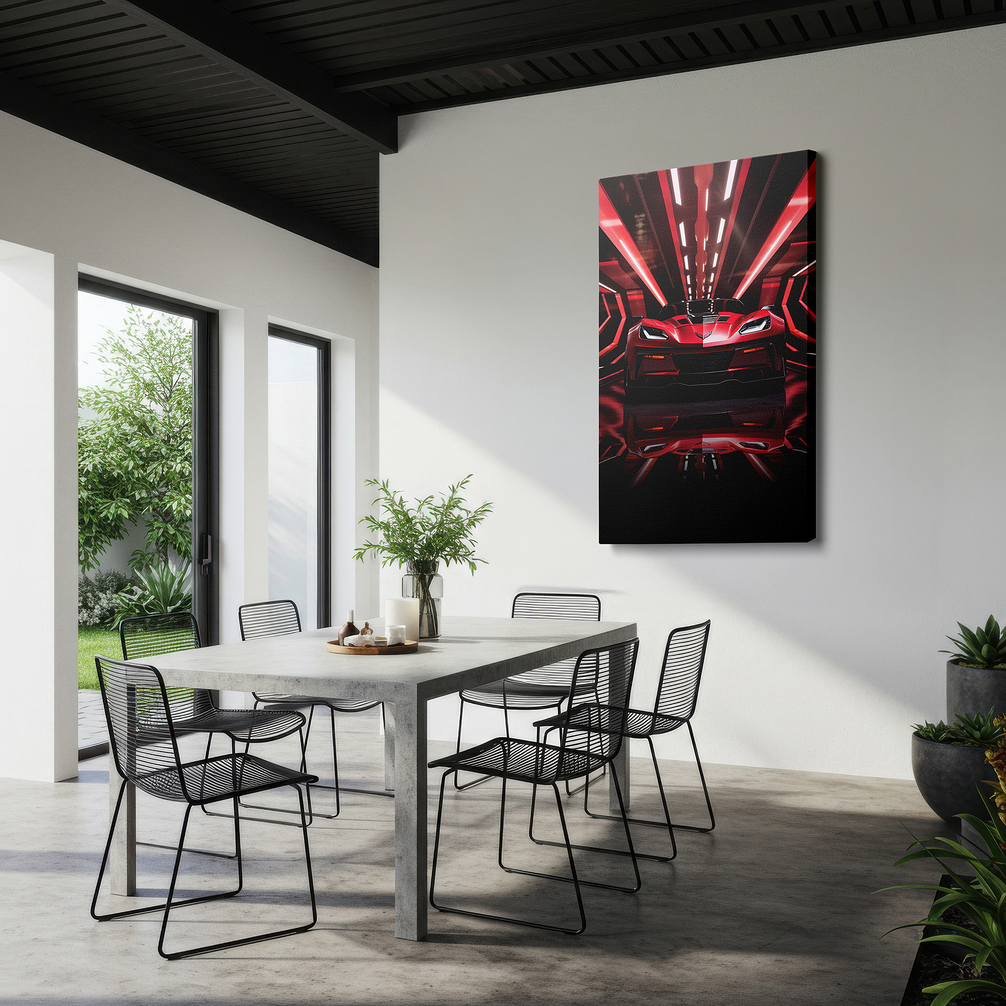 Bathed in morning sunlight streaming through sheer curtains — modern wall art: striking red corvette in a neon futuristic cityscape - large canvas art for office decor