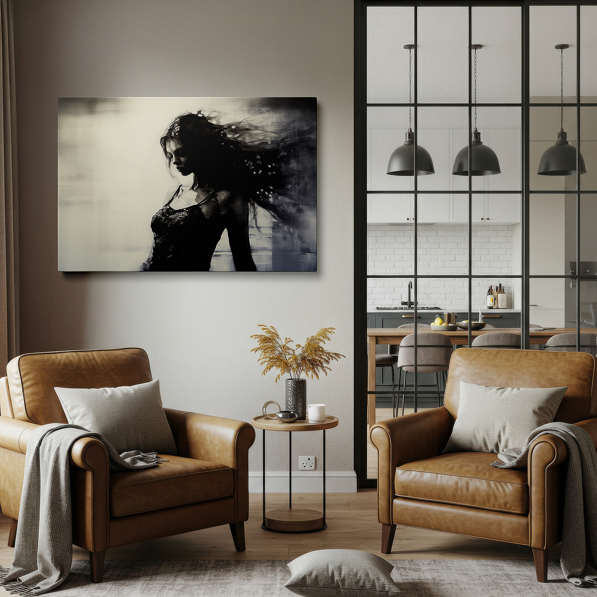 Bathed in morning sunlight streaming through sheer curtains — monochromatic essence of femininity: timeless light and shadow interplay, large canvas wall art for office decor