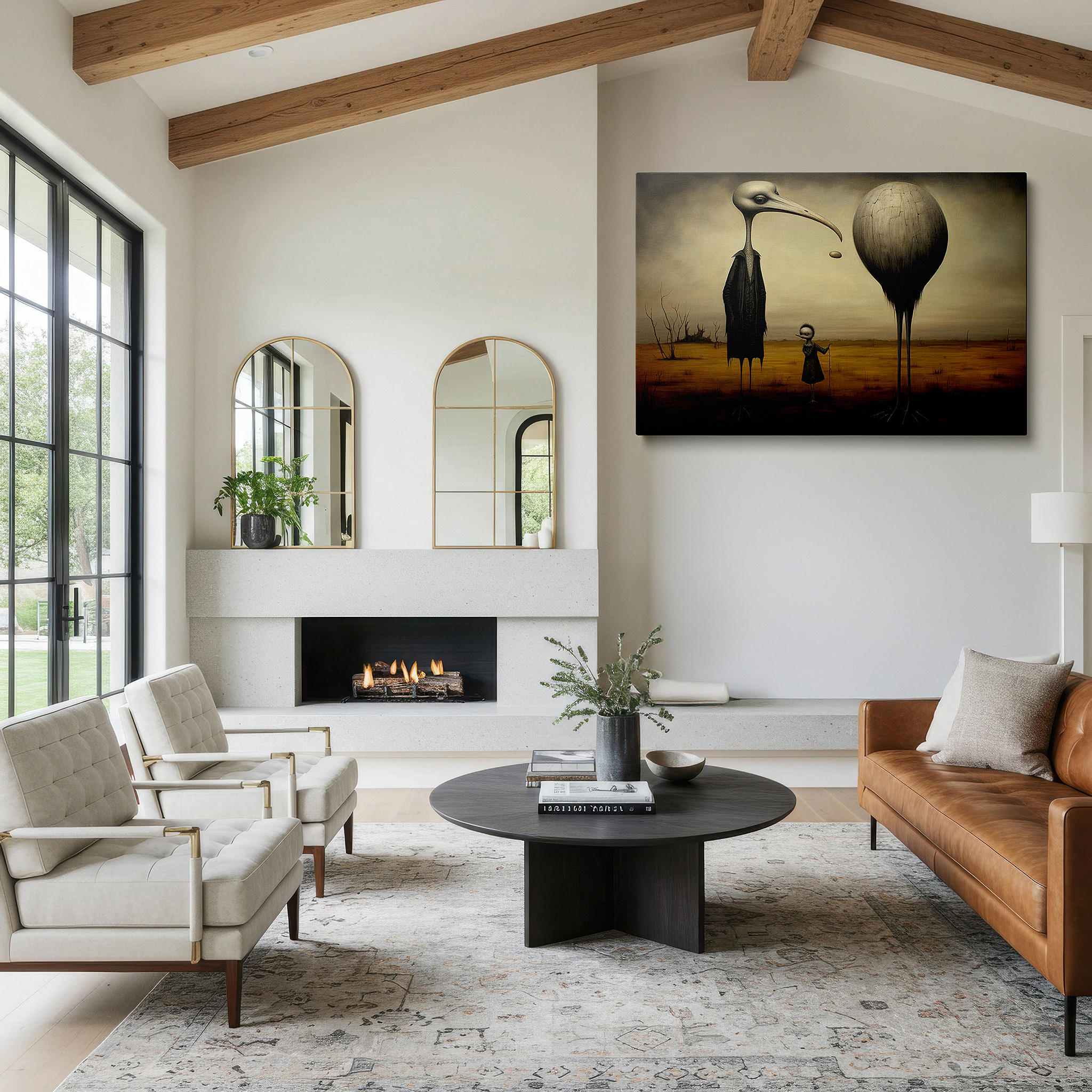 Bathed in morning sunlight streaming through sheer curtains — mysterious figures and a regal bird in an endless surreal landscape: large canvas wall art for office and bedroom decor