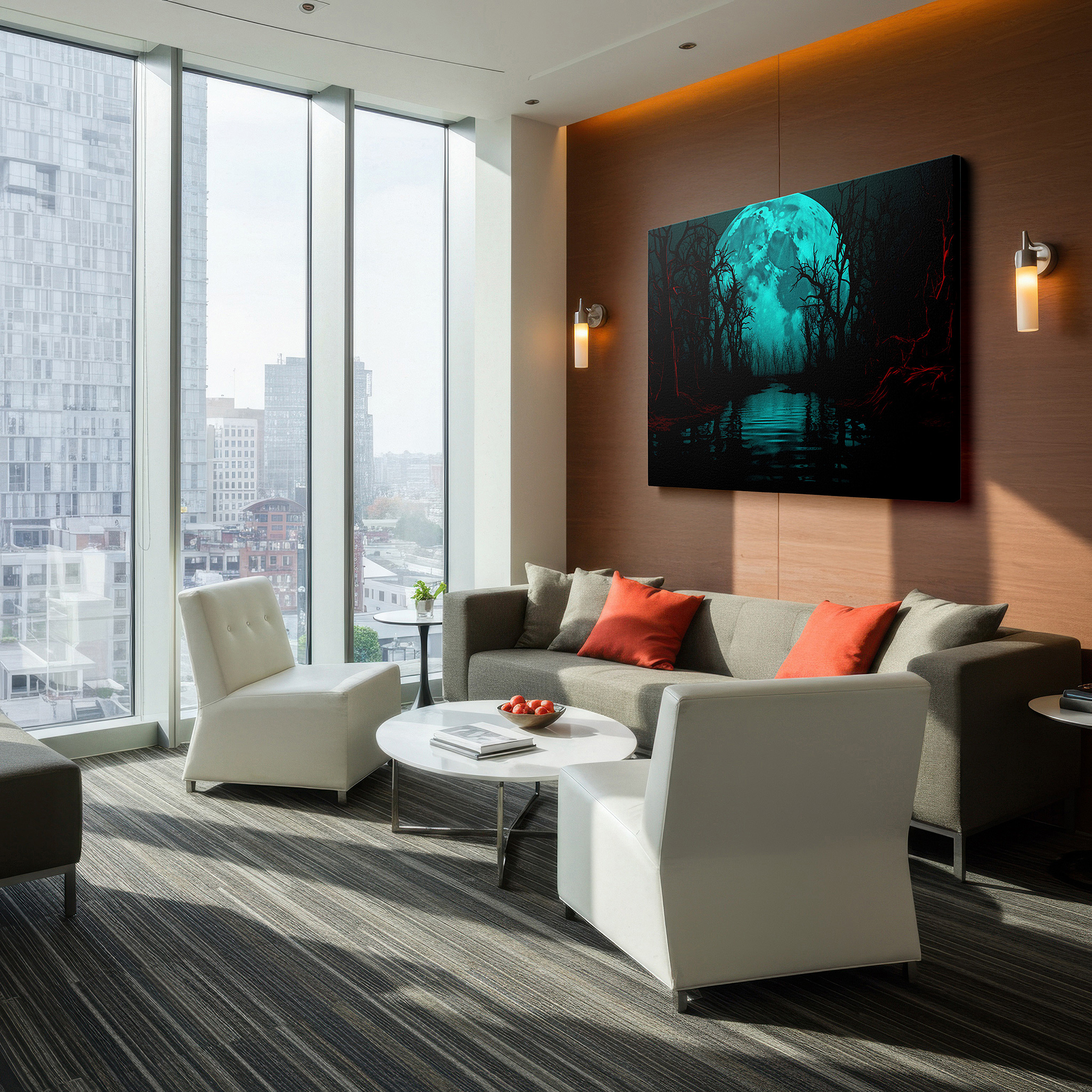 Bathed in morning sunlight streaming through sheer curtains — mystical blue moonlight over dark forest wall art: ethereal gateway large canvas, ideal for office and bedroom decor