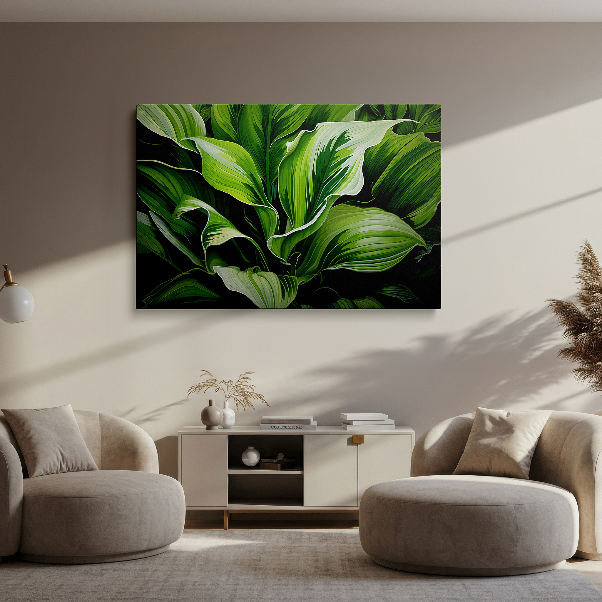 Bathed in morning sunlight streaming through sheer curtains — nature's palette: vibrant greens and detailed textures in large canvas wall art for home and office decor