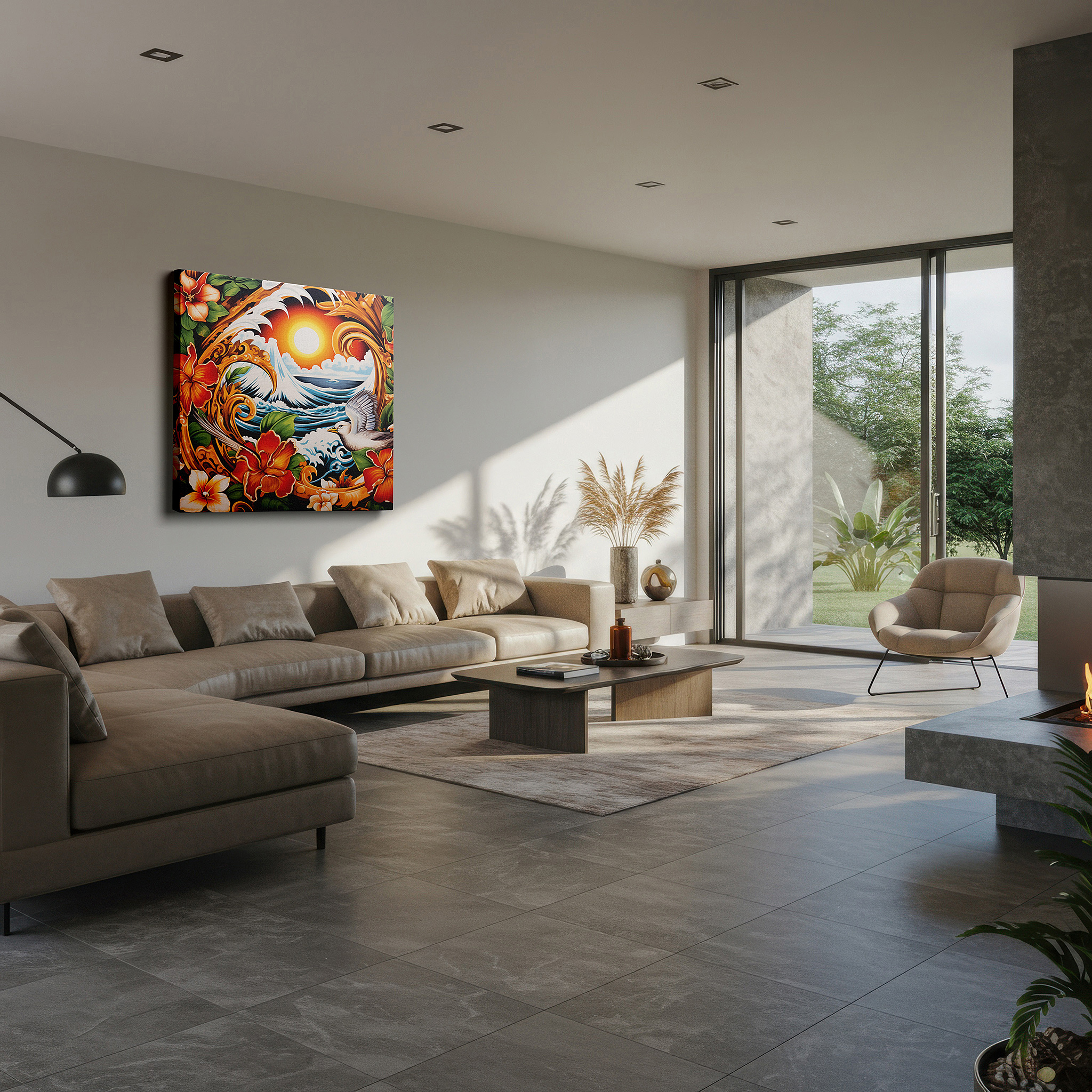 Bathed in morning sunlight streaming through sheer curtains — ocean's majesty and blooming tranquility under a captivating sunset: large wall art, canvas wall art, wall decor for office and bedroom