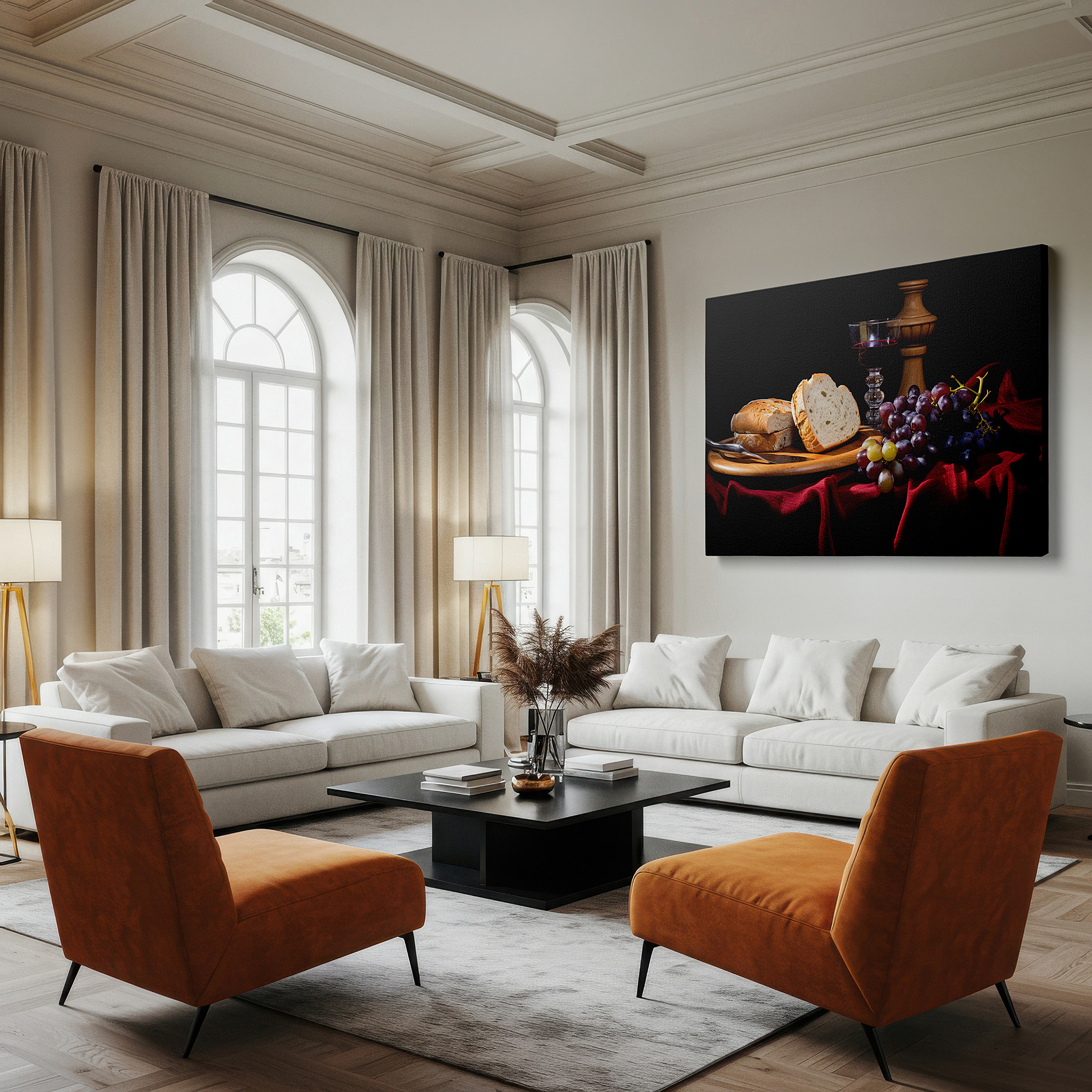 Bathed in morning sunlight streaming through sheer curtains — opulent still life featuring bread, grapes, and wine: a warm, indulgent large wall art for living spaces, canvas art, home and office decor