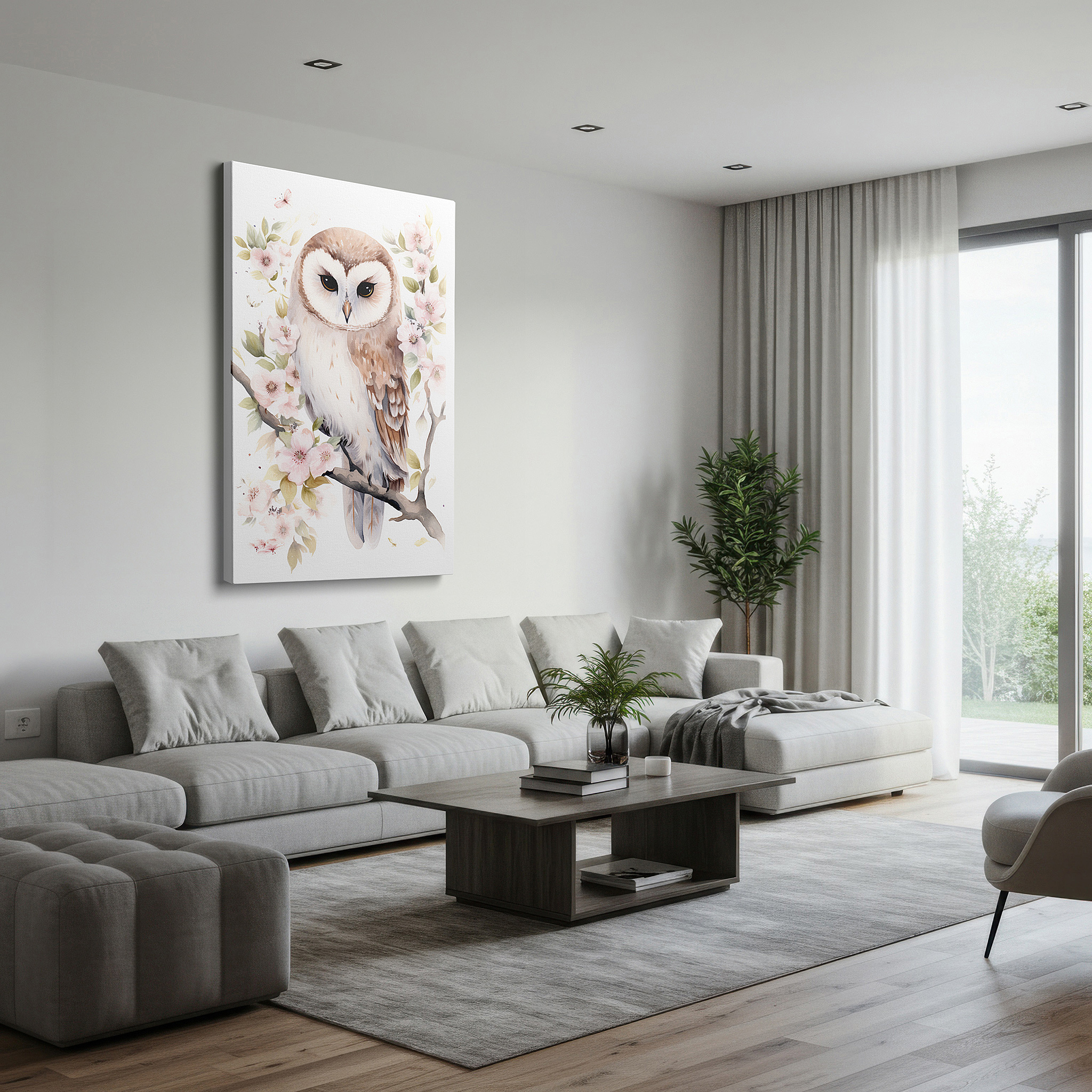 Bathed in morning sunlight streaming through sheer curtains — owl's serene wisdom amid ethereal flowers: a harmonious display of nature's delicate balance - large canvas wall art