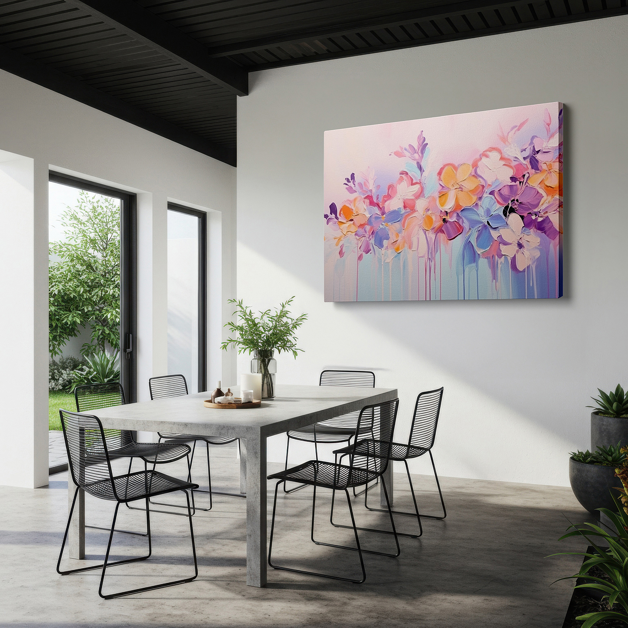 Bathed in morning sunlight streaming through sheer curtains — pastel floral symphony: tranquil and dreamy large wall art for serene spaces - ideal for office and bedroom decor