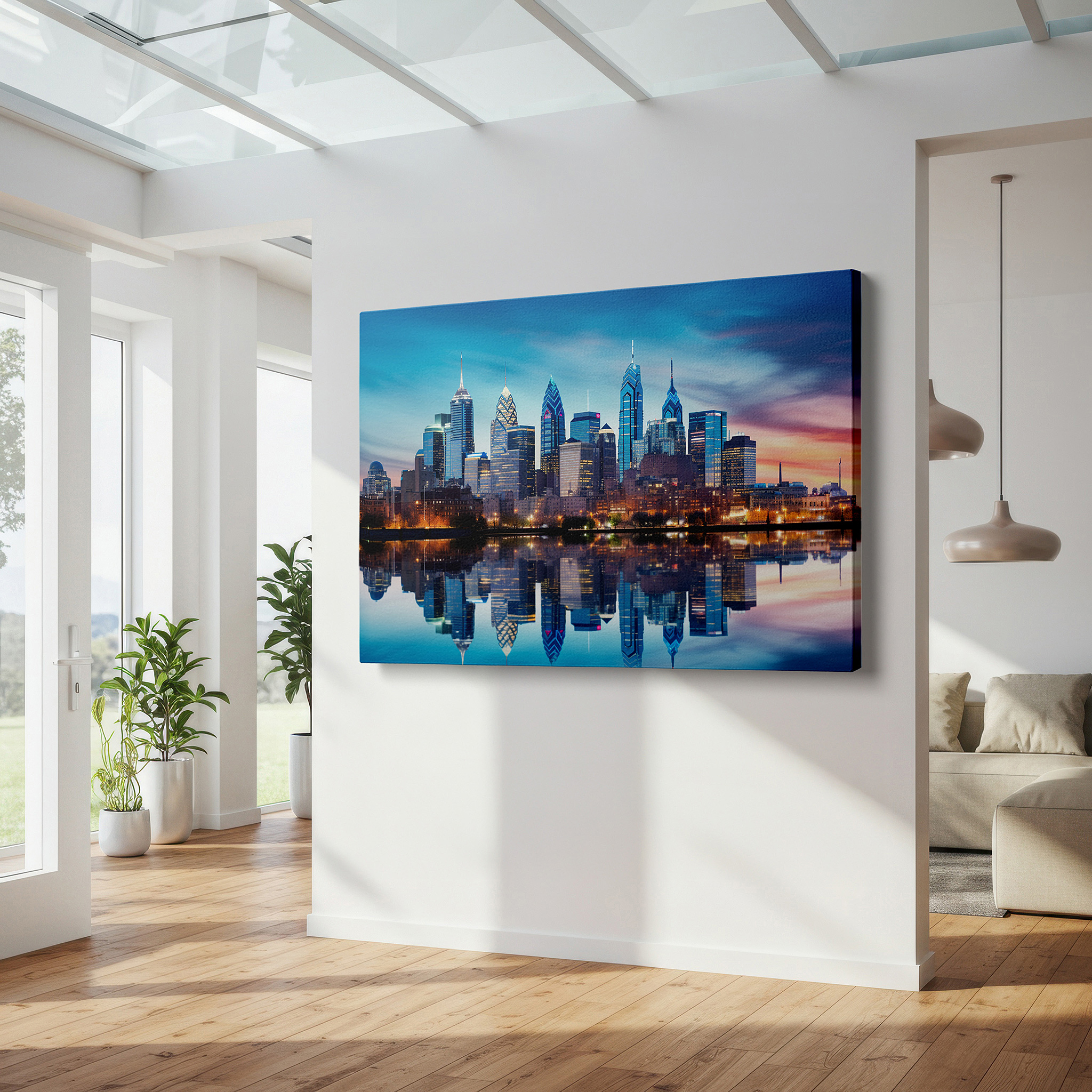 Bathed in morning sunlight streaming through sheer curtains — philadelphia skyline at dusk: capturing the serene grandeur of urban and natural beauty - large wall art, canvas, office decor