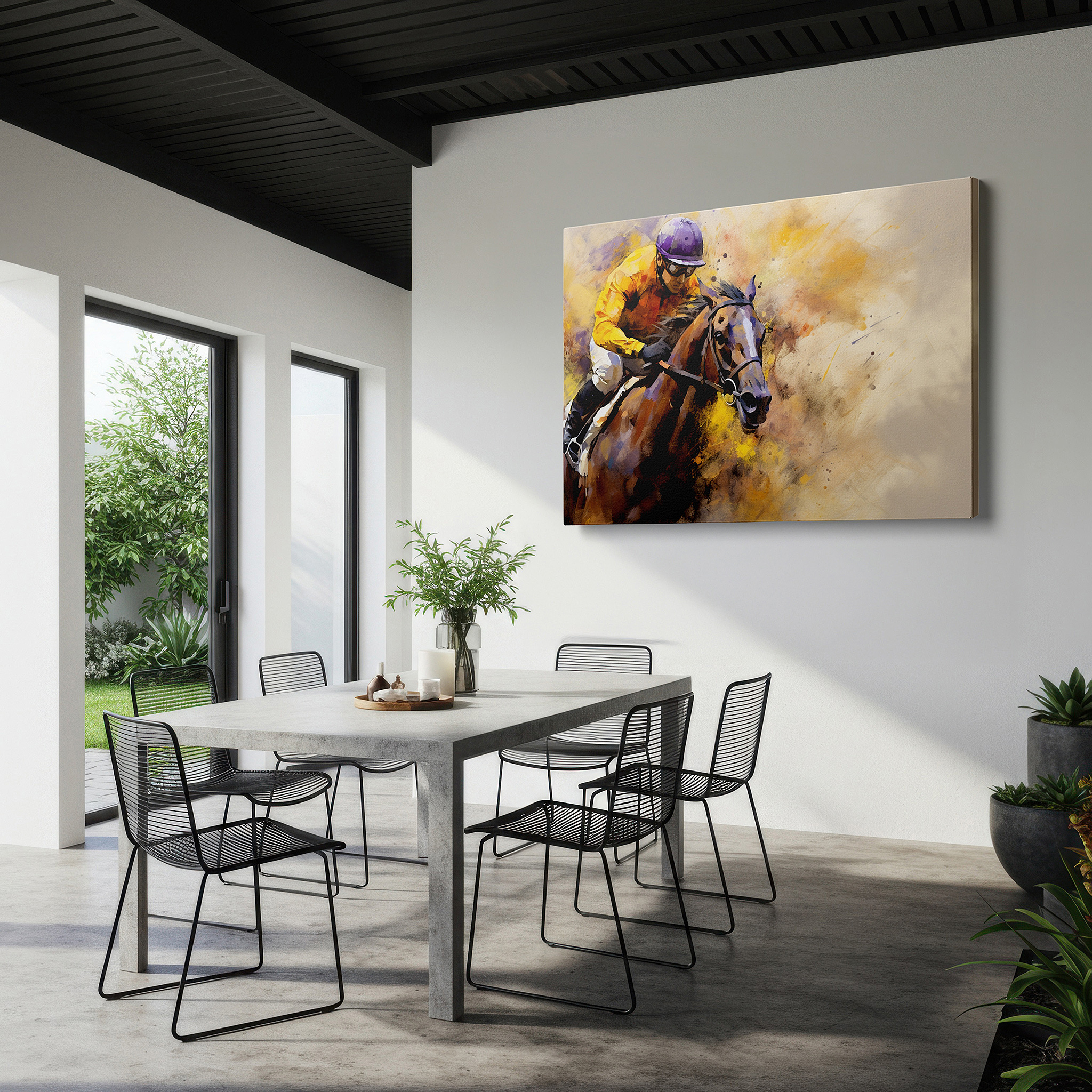 Bathed in morning sunlight streaming through sheer curtains — racehorse in action - celebrating speed and power, large canvas wall art for office and bedroom decor
